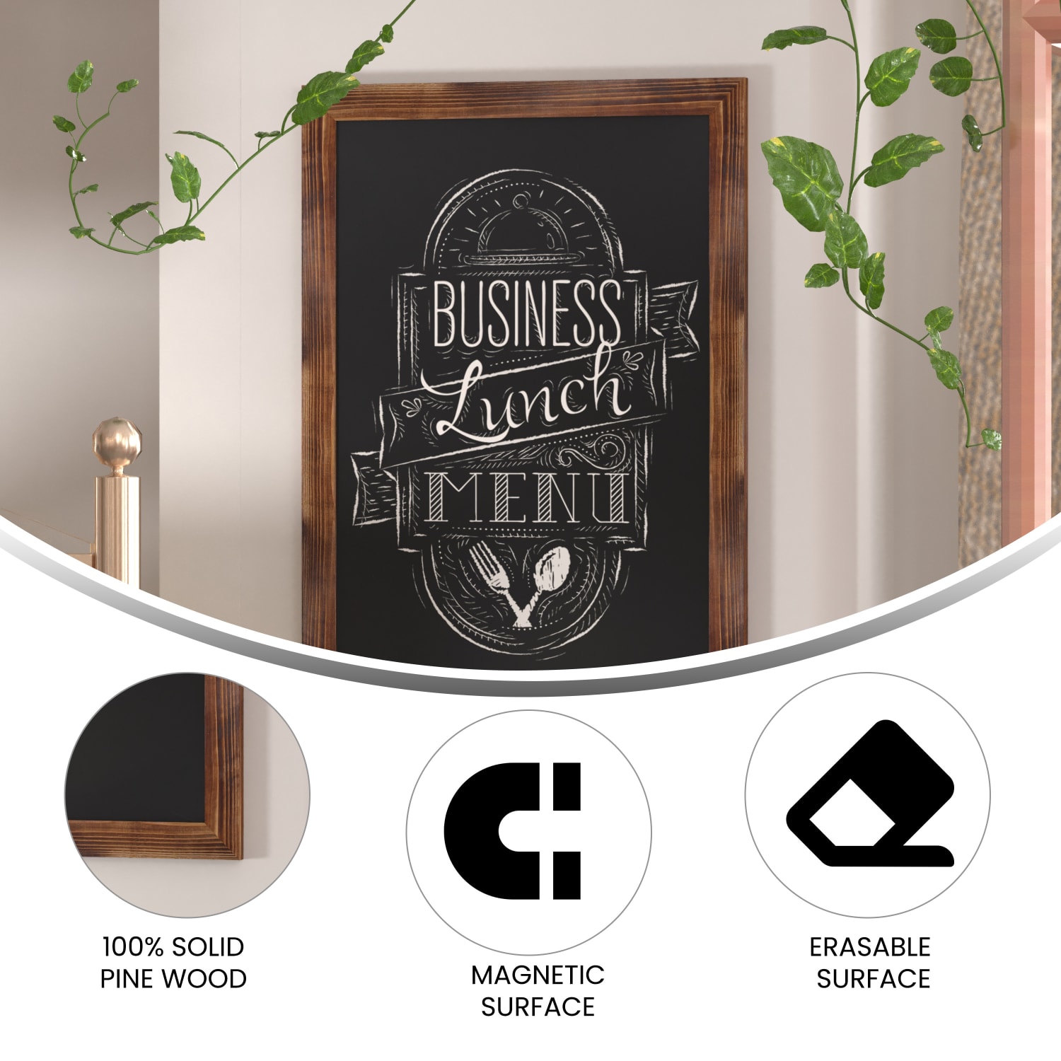 Flash Furniture Canterbury Wall-Mounted Magnetic Chalkboard Sign With Eraser, Porcelain Steel, 36inH x 24inW x 3/4inD, Torched Brown Frame - Image 5