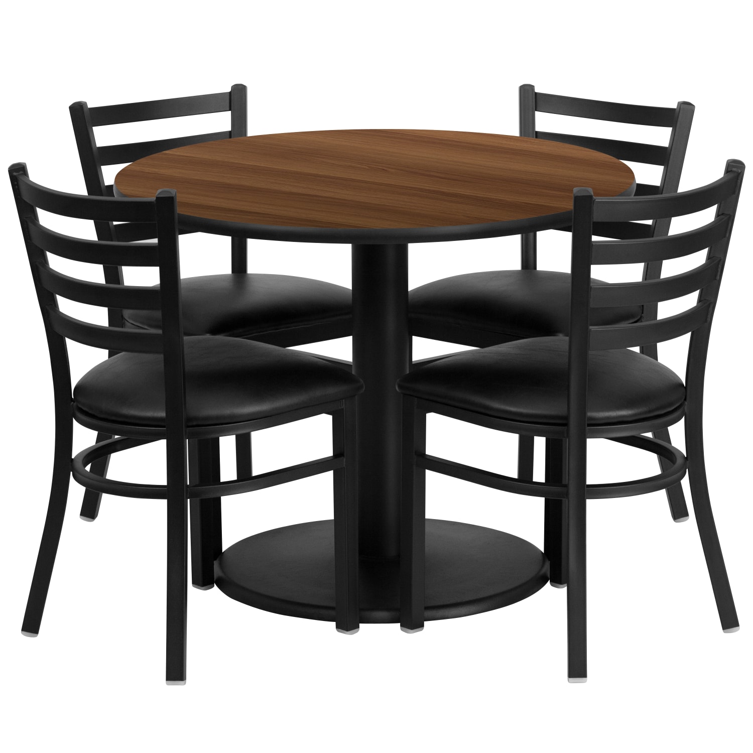 Flash Furniture Round Laminate Table Set With Round Base And 4 Ladder-Back Metal Chairs, 30inH x 36inW x 36inD, Walnut/Black - Image 3