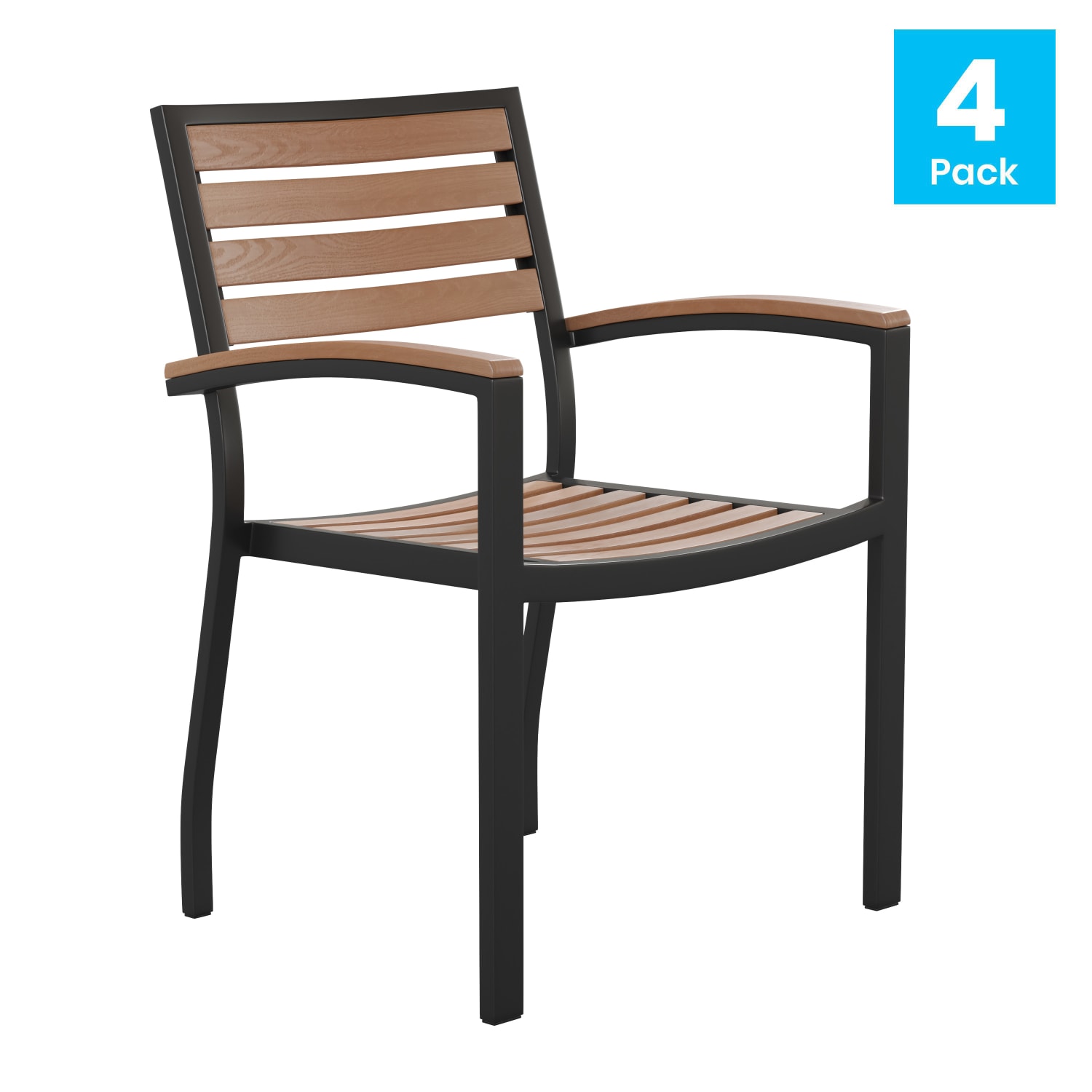 Flash Furniture Lark Outdoor Stackable Faux Teak Side Chairs, Teak/Black, Set Of 4 Chairs - Image 3