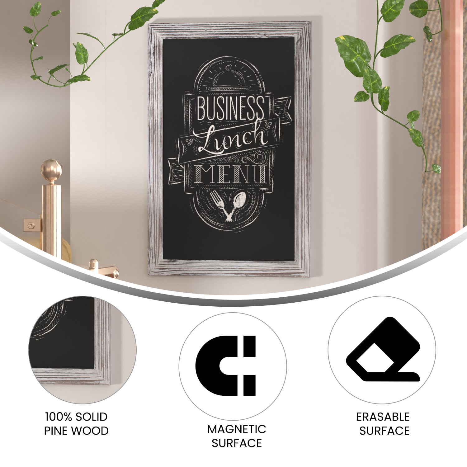 Flash Furniture Canterbury Wall-Mounted Magnetic Chalkboard Sign With Eraser, Porcelain Steel, 30inH x 20inW x 3/4inD, White Washed Frame - Image 5