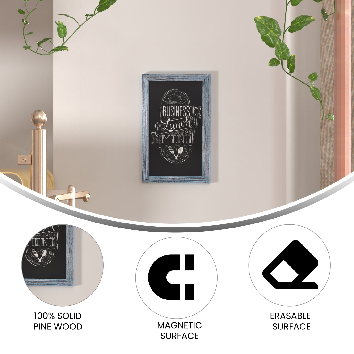 Flash Furniture Canterbury Magnetic Wall-Mount Chalkboard Sign With Eraser, Porcelain Steel, 17inH x 11inW x 3/4inD, Blue Wood Frame - Image 5