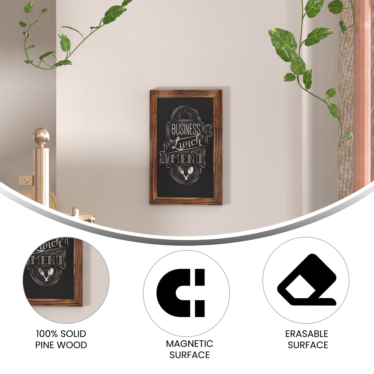 Flash Furniture Canterbury Magnetic Wall-Mount Chalkboard Sign With Eraser, Porcelain Steel, 17inH x 11inW x 3/4inD, Torched Brown Wood Frame - Image 5
