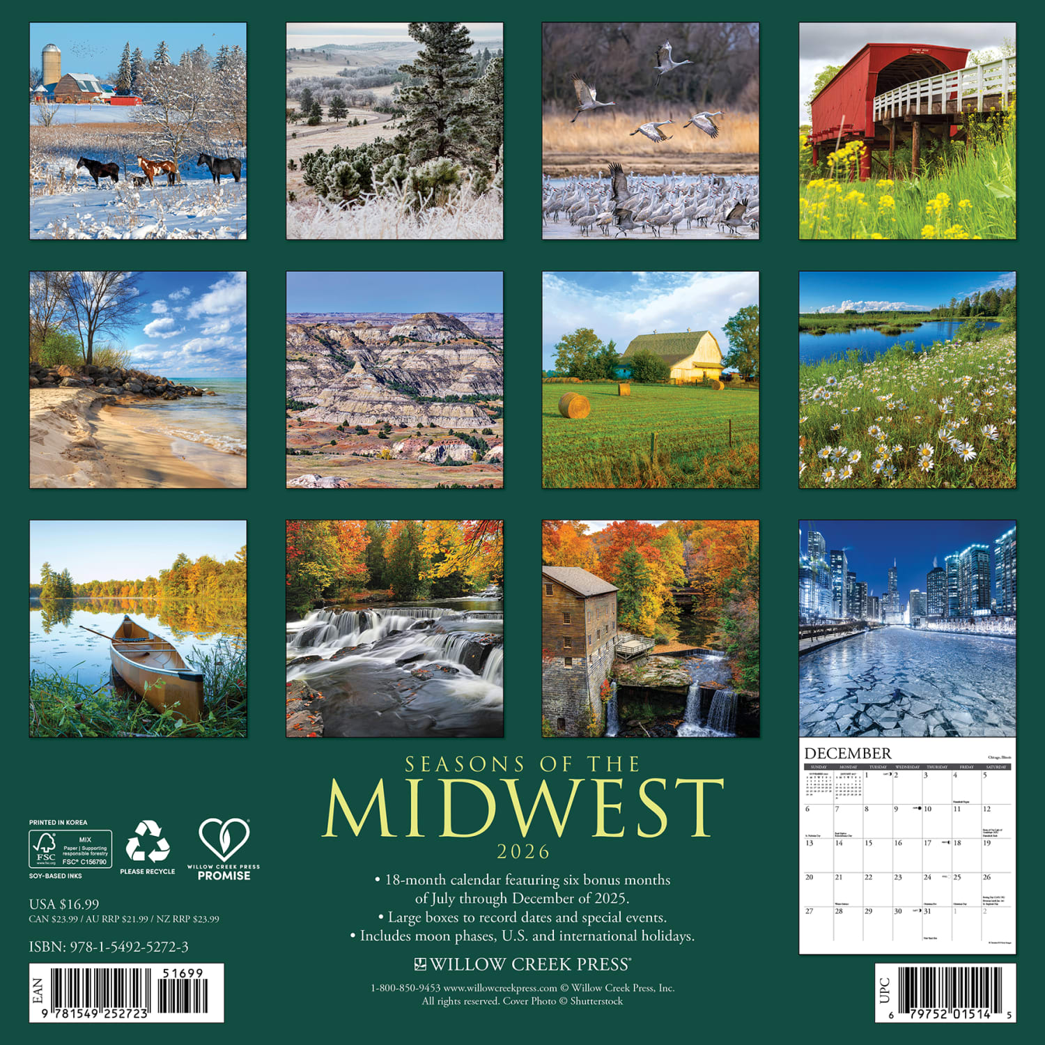 2026 Willow Creek Press Scenic Monthly Wall Calendar, 12in x 12in, Seasons of the Midwest, January To December, 52723 - Image 6