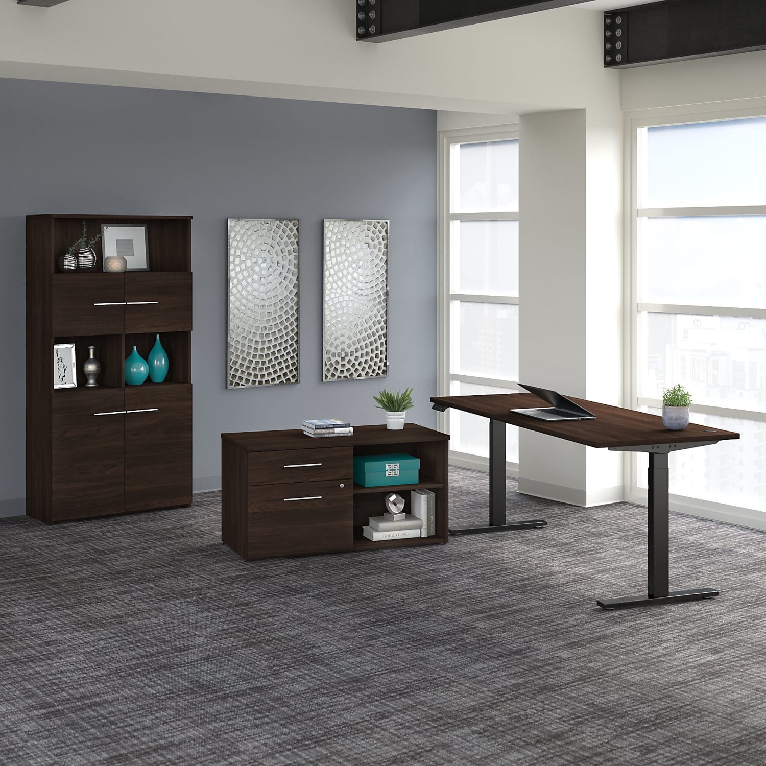 Bush Business Furniture Office 500 Electric Height-Adjustable Standing Desk With Storage And Bookcase, 72inW, Black Walnut, Standard Delivery - Image 3