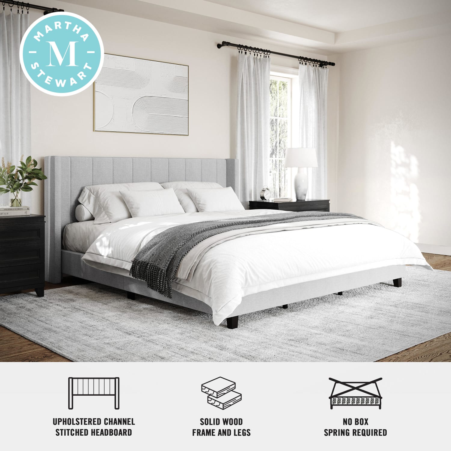 Martha Stewart Kay Upholstered Platform Bed with Channel Stitched Wingback Headboard and Cushioned Siderails - TW3WDB03KGY - Image 4