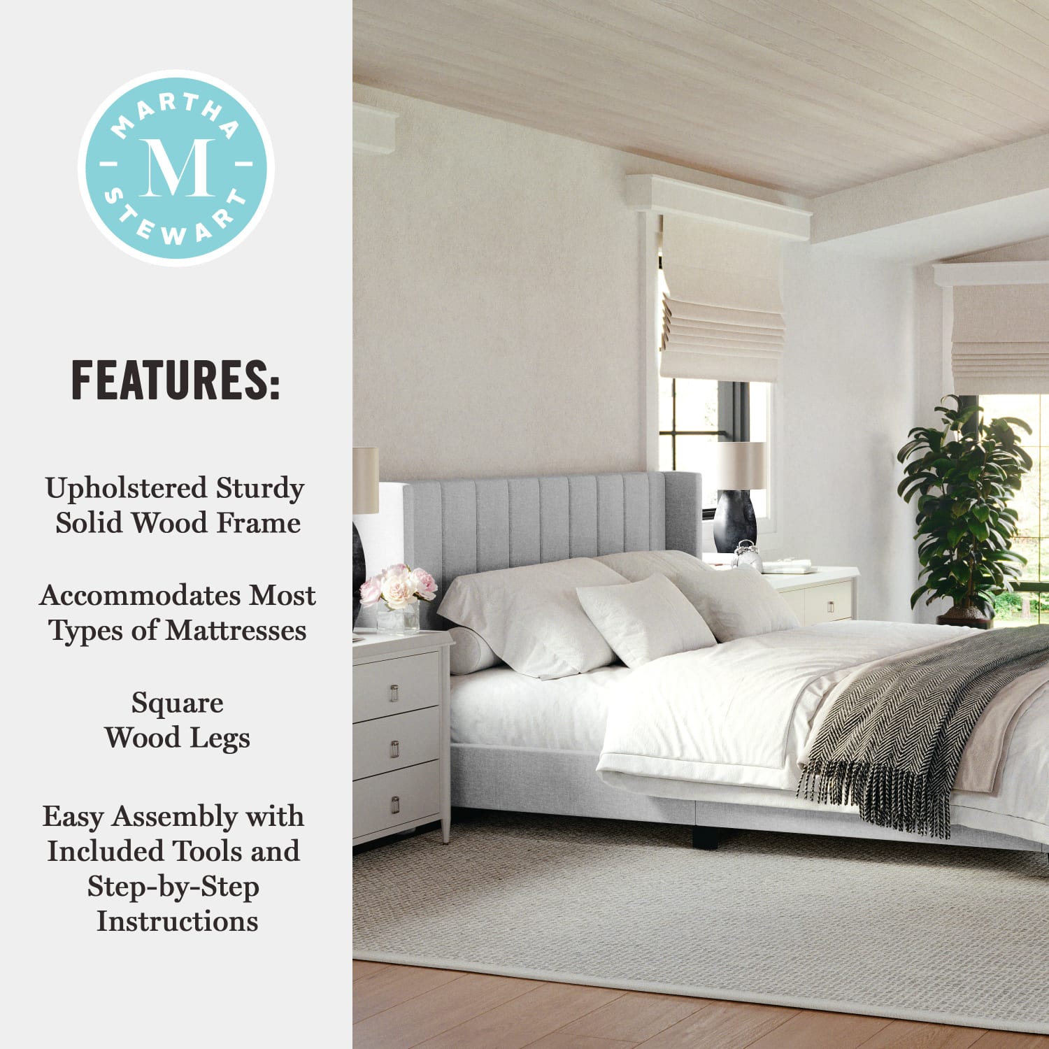 Martha Stewart Kay Upholstered Platform Bed with Channel Stitched Wingback Headboard and Cushioned Siderails - TW3WDB03KGY - Image 5