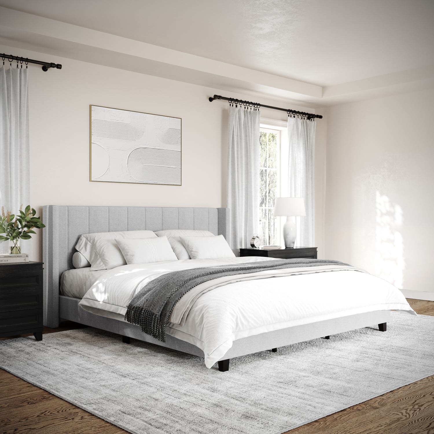 Martha Stewart Kay Upholstered Platform Bed with Channel Stitched Wingback Headboard and Cushioned Siderails - TW3WDB03KGY - Image 6