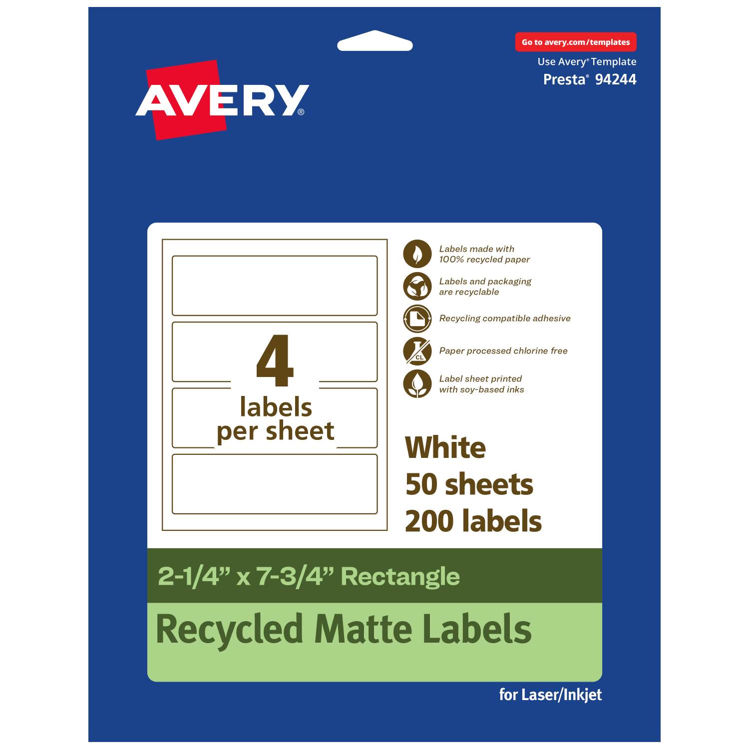 Avery Recycled Paper Labels, 94244-EWMP50, Rectangle, 2-1/4in x 7-3/4in, White, Pack Of 200