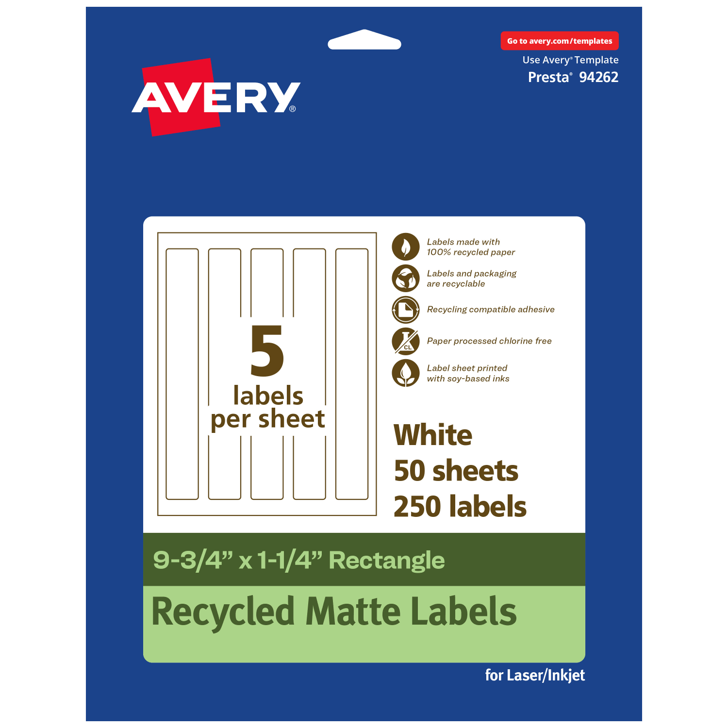 Avery Recycled Paper Labels, 94262-EWMP50, Rectangle, 9-3/4in x 1-1/4in, White, Pack Of 250