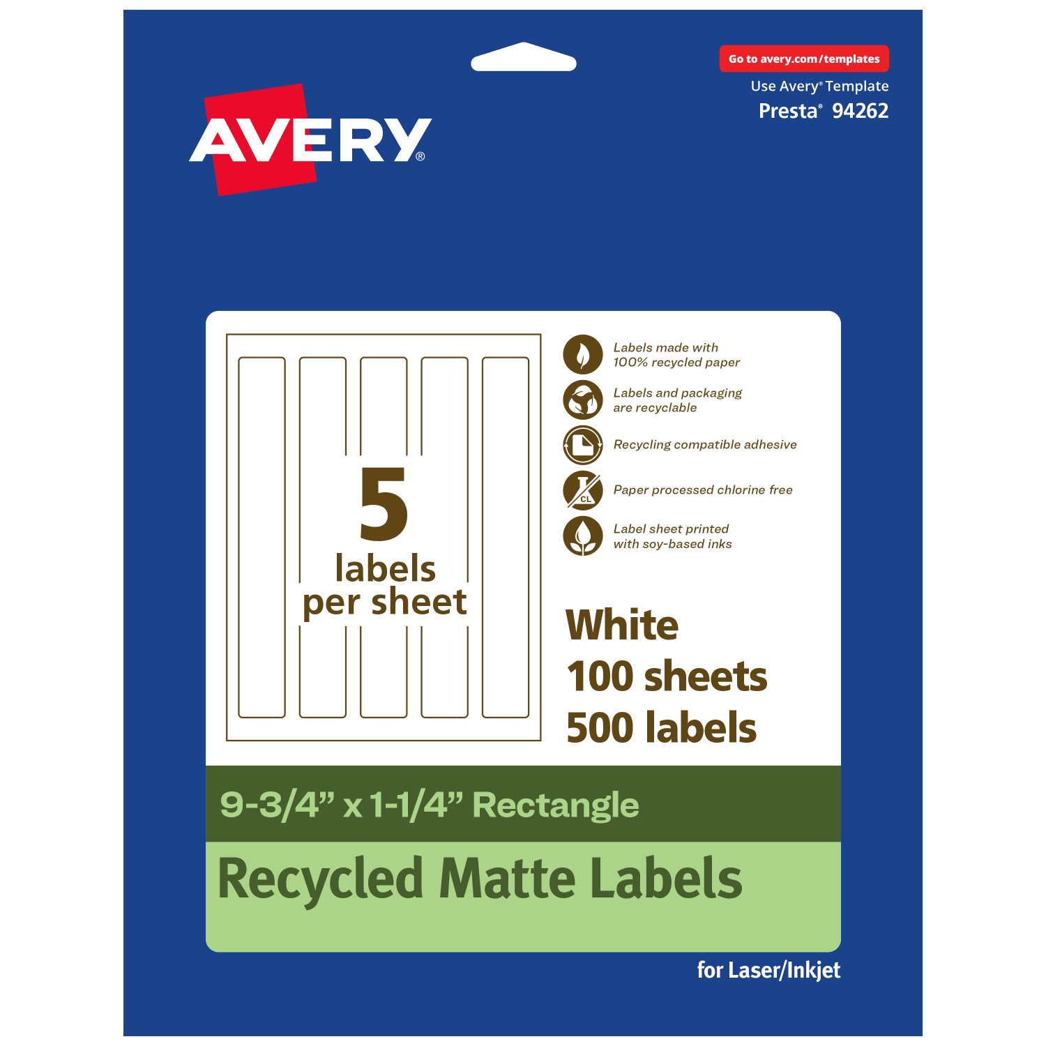 Avery Recycled Paper Labels, 94262-EWMP100, Rectangle, 9-3/4in x 1-1/4in, White, Pack Of 500