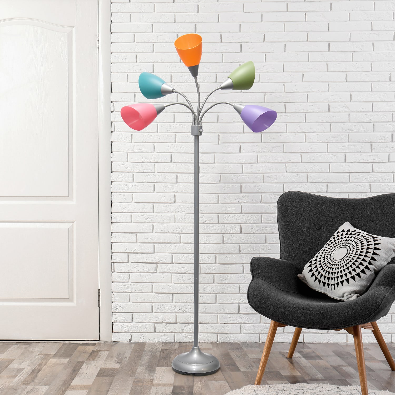 Simple Designs 5-Light Adjustable Gooseneck Floor Lamp, 67inH, Assorted Shade/Silver Base - Image 5