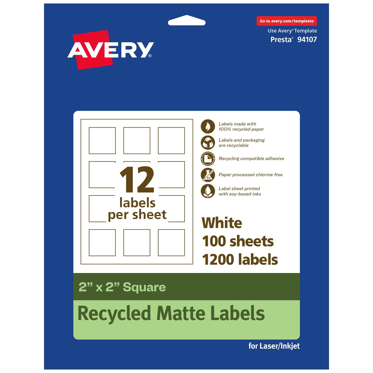Avery Recycled Paper Labels, 94107-EWMP100, Square, 2in x 2in, White, Pack Of 1200