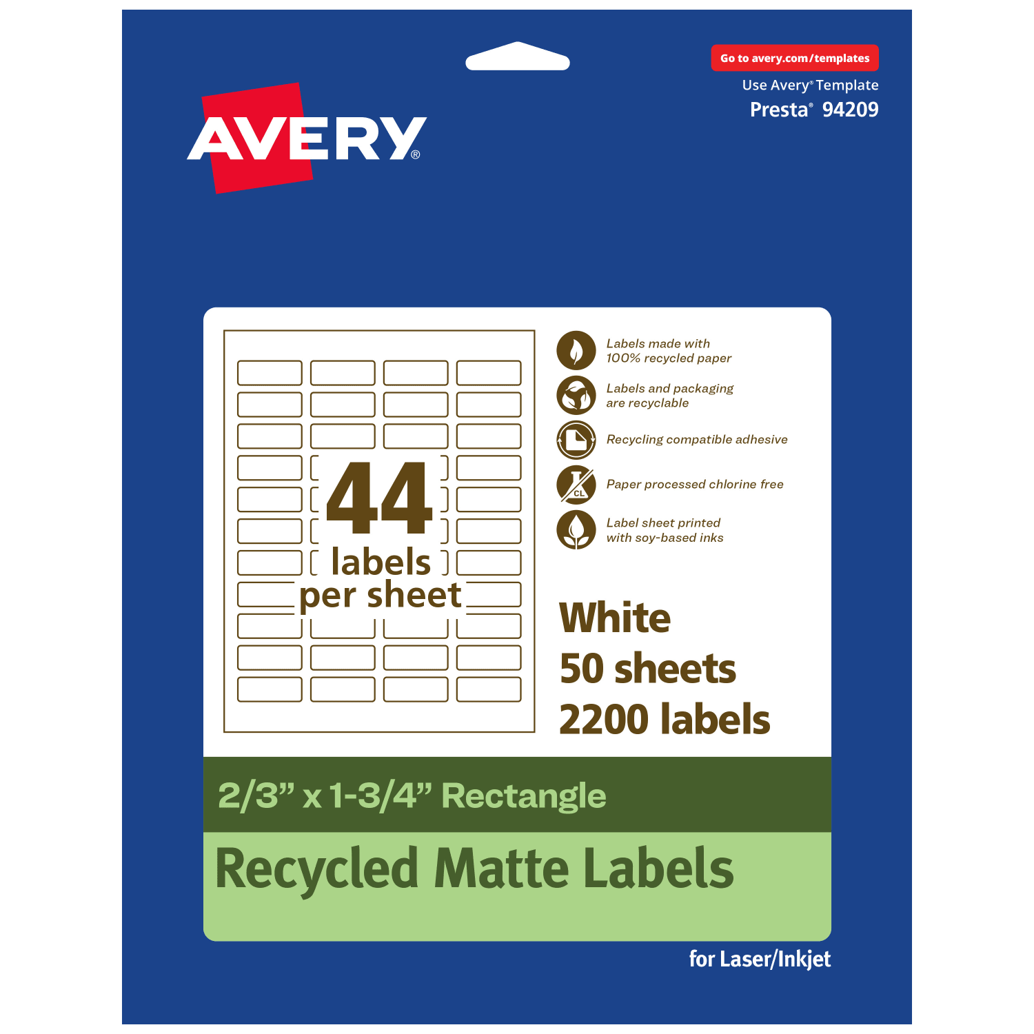 Avery Recycled Paper Labels, 94209-EWMP50, Rectangle, 2/3in x 1-3/4in, White, Pack Of 2200
