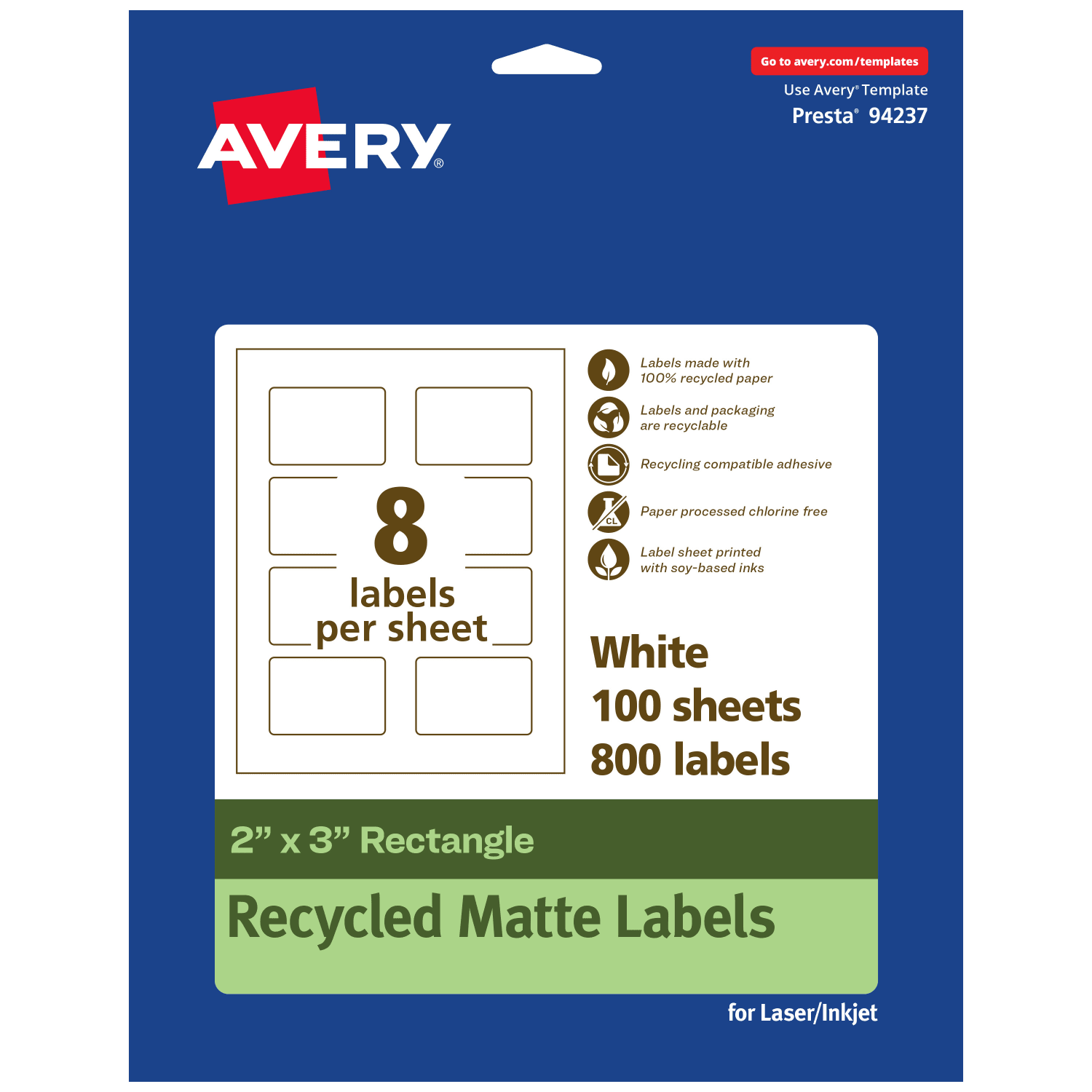 Avery Recycled Paper Labels, 94237-EWMP100, Rectangle, 2in x 3in, White, Pack Of 800