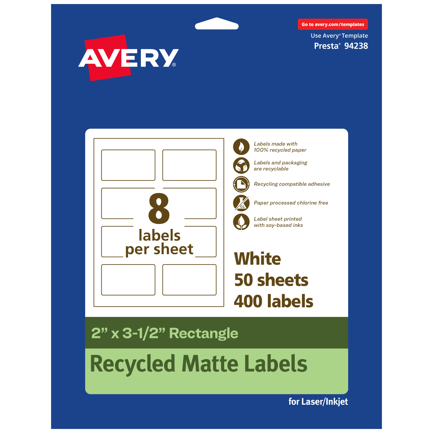 Avery Recycled Paper Labels, 94238-EWMP50, Rectangle, 2in x 3-1/2in, White, Pack Of 400