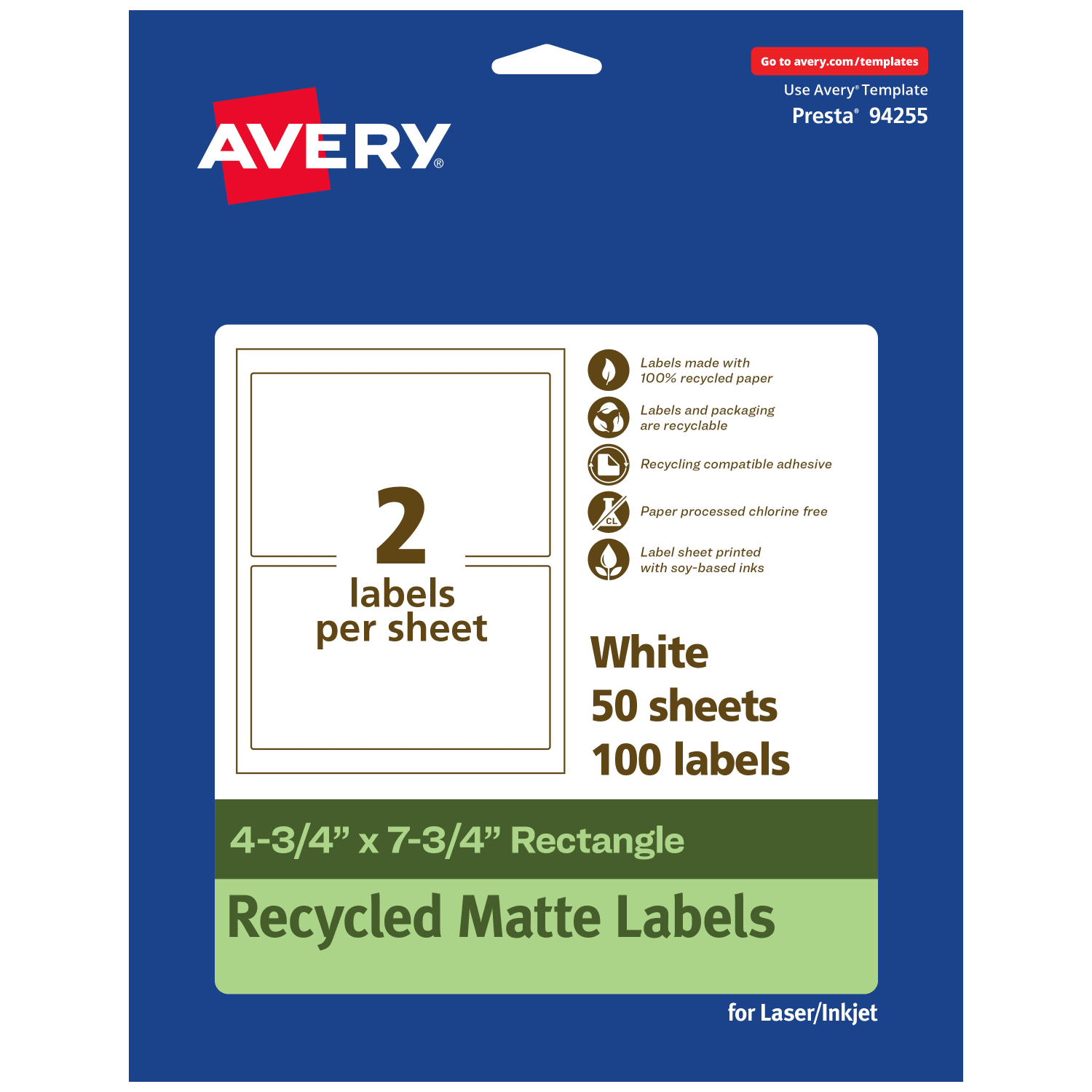 Avery Recycled Paper Labels, 94255-EWMP50, Rectangle, 4-3/4in x 7-3/4in, White, Pack Of 100