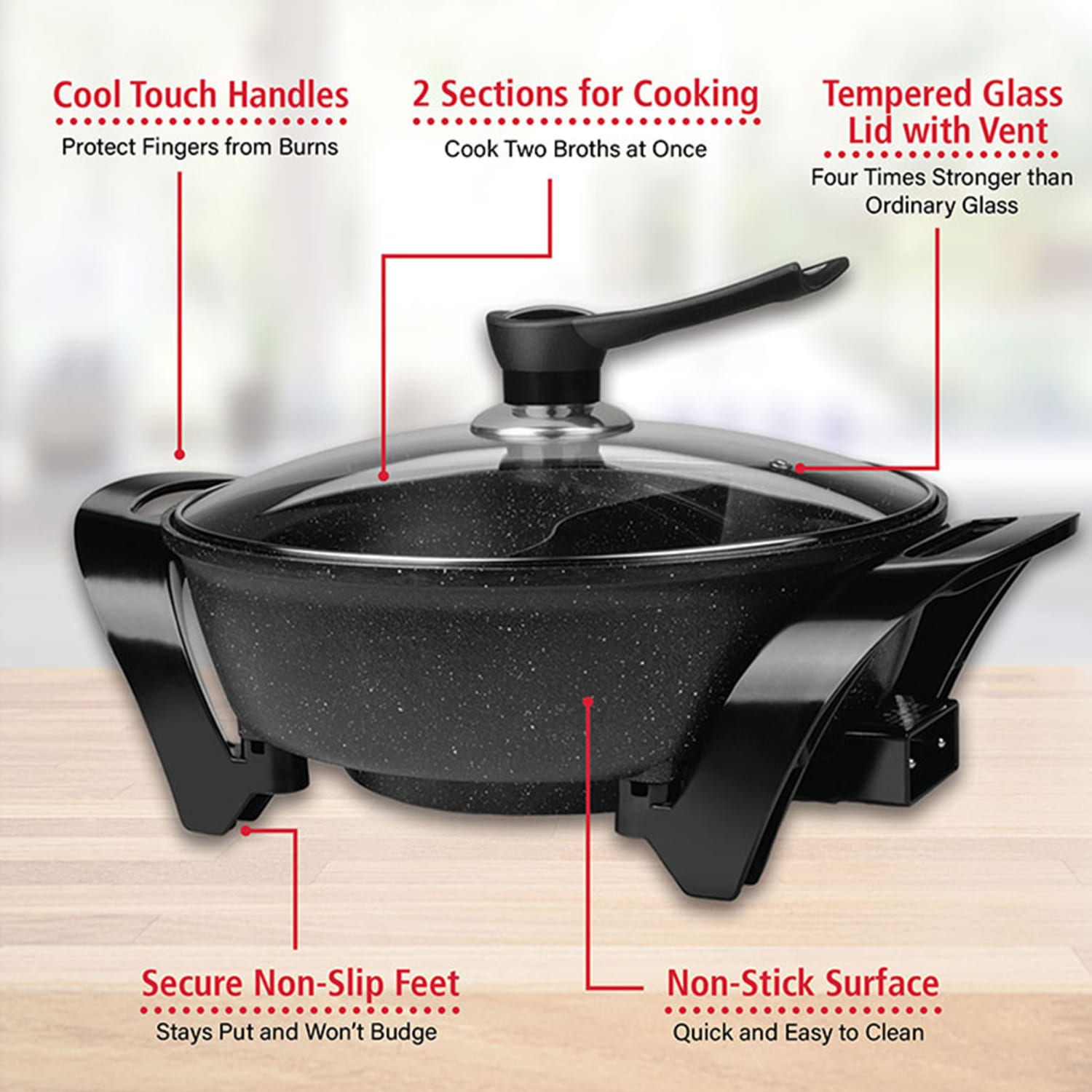 Brentwood Electric Non-Stick 6 Qt Shabu Pot With Divider, 12-1/2inH x 17inW x 5-1/2inD, Black - Image 3