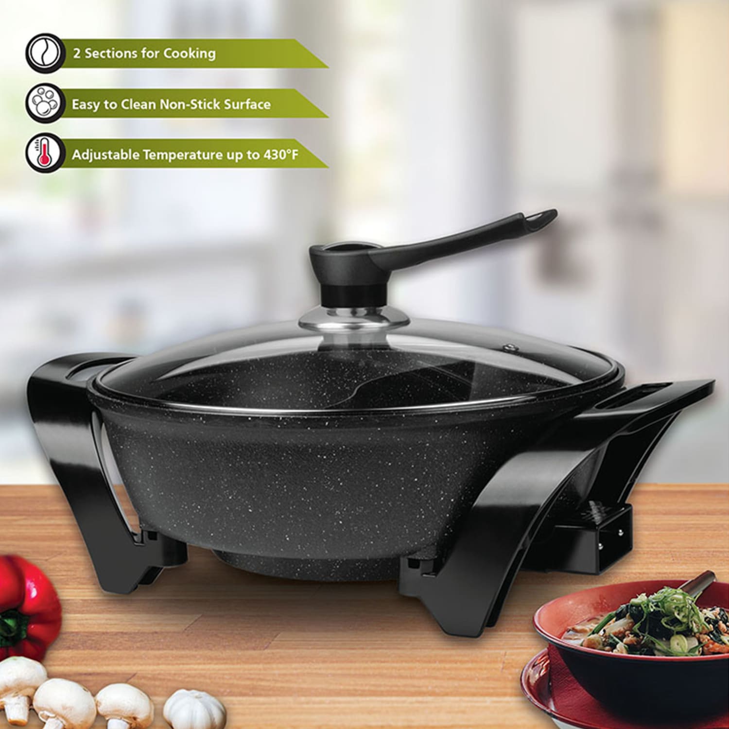 Brentwood Electric Non-Stick 6 Qt Shabu Pot With Divider, 12-1/2inH x 17inW x 5-1/2inD, Black - Image 4