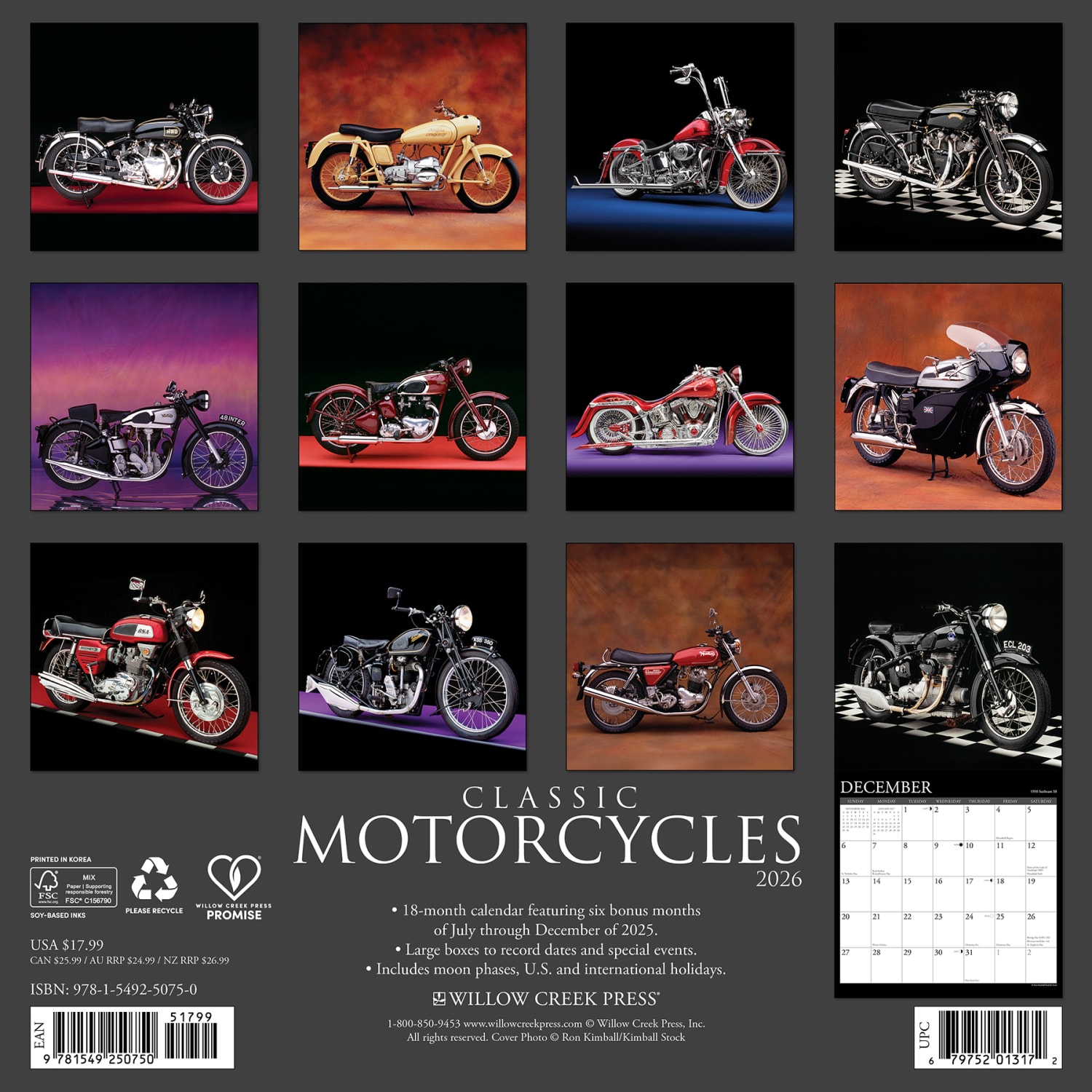 2026 Willow Creek Press Art & Design Monthly Wall Calendar, 12in x 12in, Classic Motorcycles, January To December, 50750 - Image 6