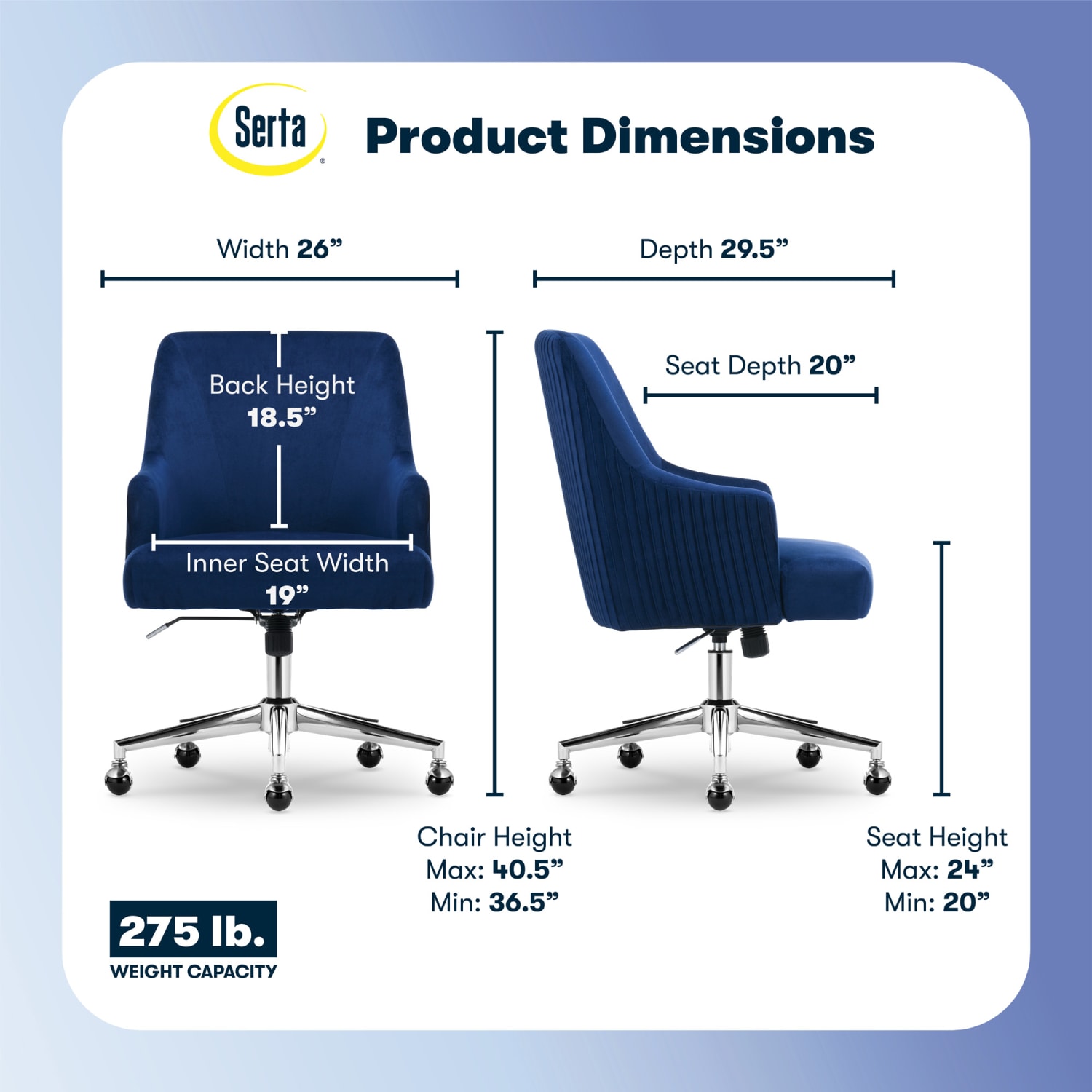Serta Scarlett Ergonomic Fabric Mid-Back Home Office Chair, Midnight Blue - Image 4