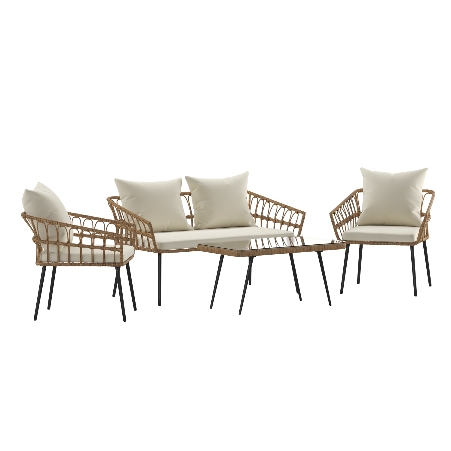 Flash Furniture Evin Boho 4-Piece Indoor/Outdoor Rope Rattan Patio Conversation Set With Tempered Glass Top Coffee Table And Cushions, Cream/Natural - Image 3