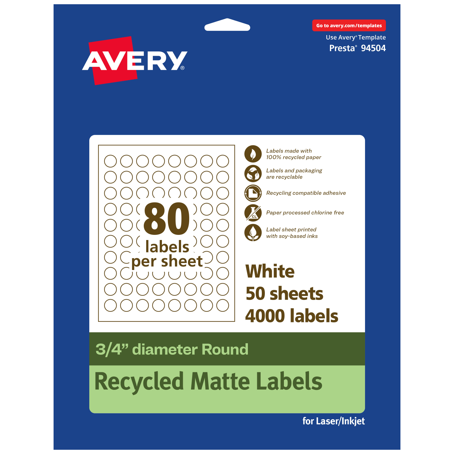 Avery Recycled Paper Labels, 94504-EWMP50, Round, -3/4in diameter, White, Pack Of 4000