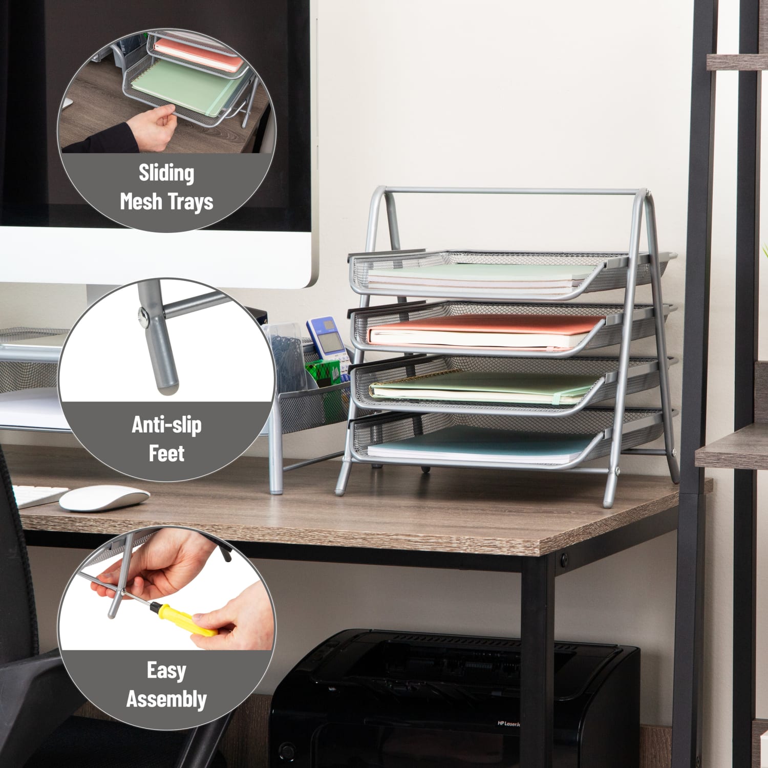 Mind Reader 4-Tier Desktop Organizer Paper Tray, 12-1/2inH x 13-3/4inW x 11-3/4inD, Silver - Image 5