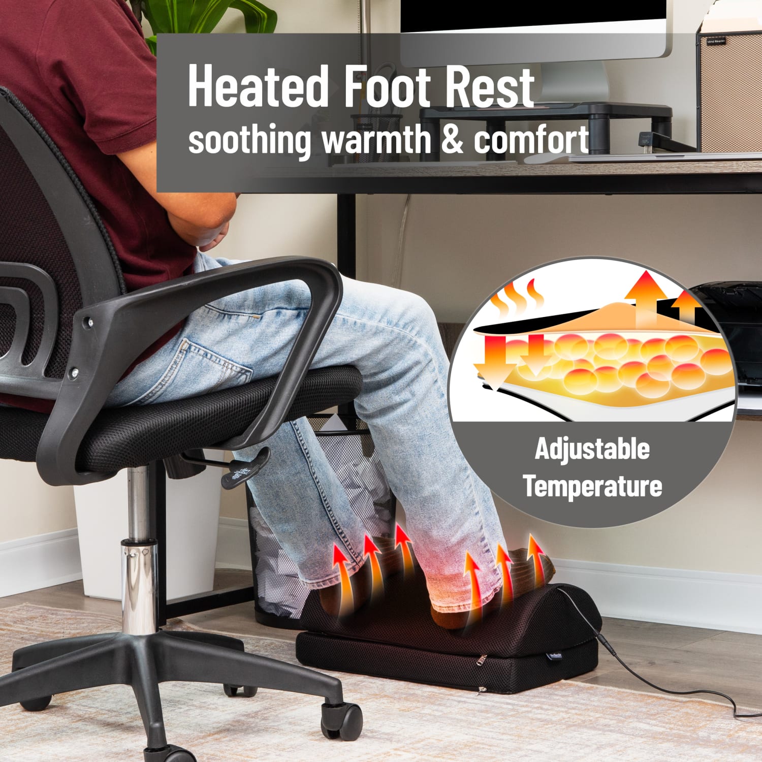 Mind Reader Heated Memory Foam Footrest, 5-3/4inH x 10inW x 16-1/2inD, Black - Image 4