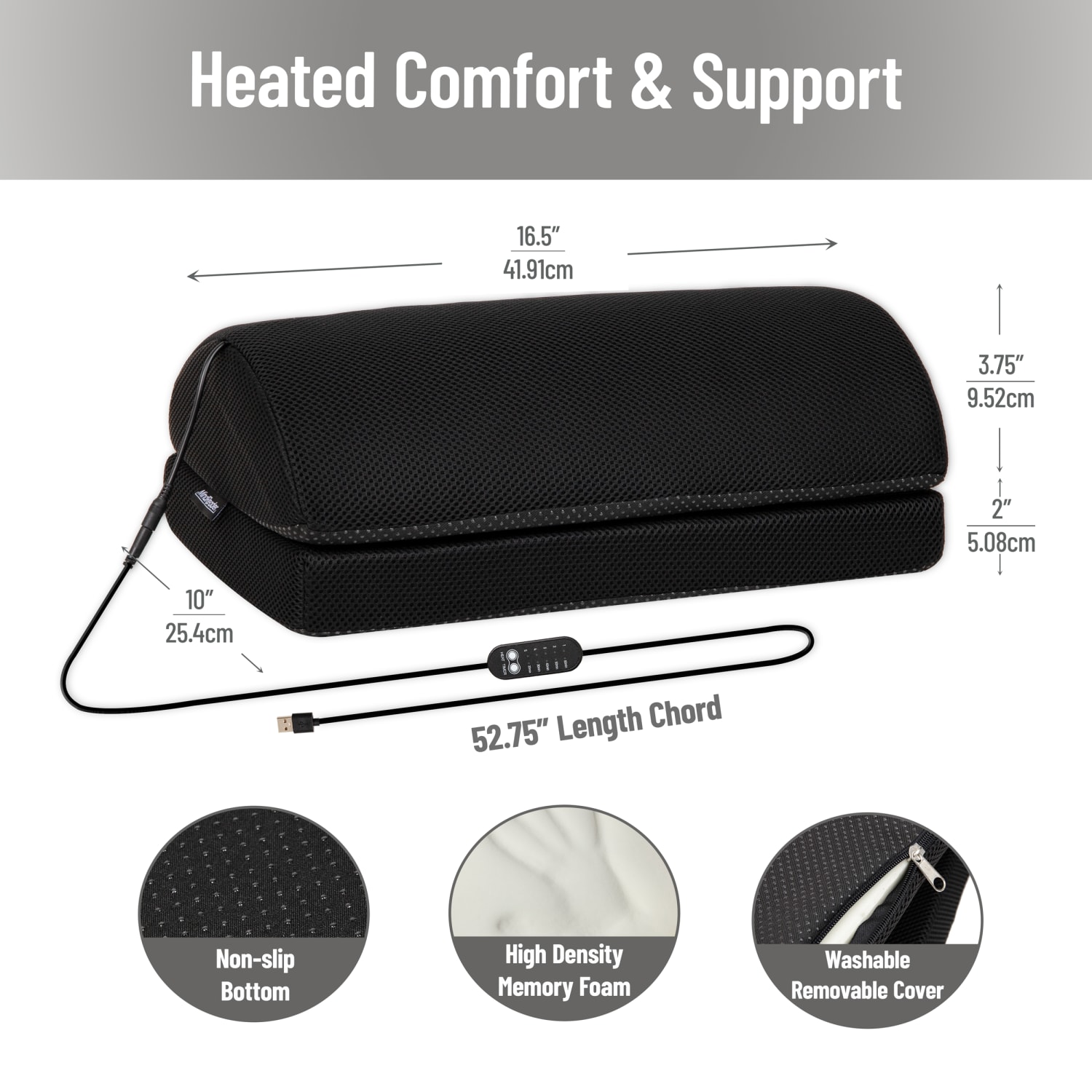 Mind Reader Heated Memory Foam Footrest, 5-3/4inH x 10inW x 16-1/2inD, Black - Image 5