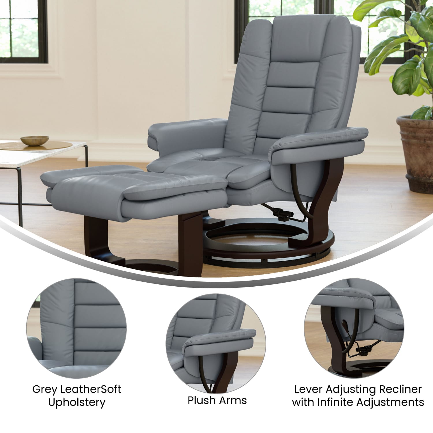 Flash Furniture Contemporary LeatherSoft Recliner With Ottoman, Gray - Image 5