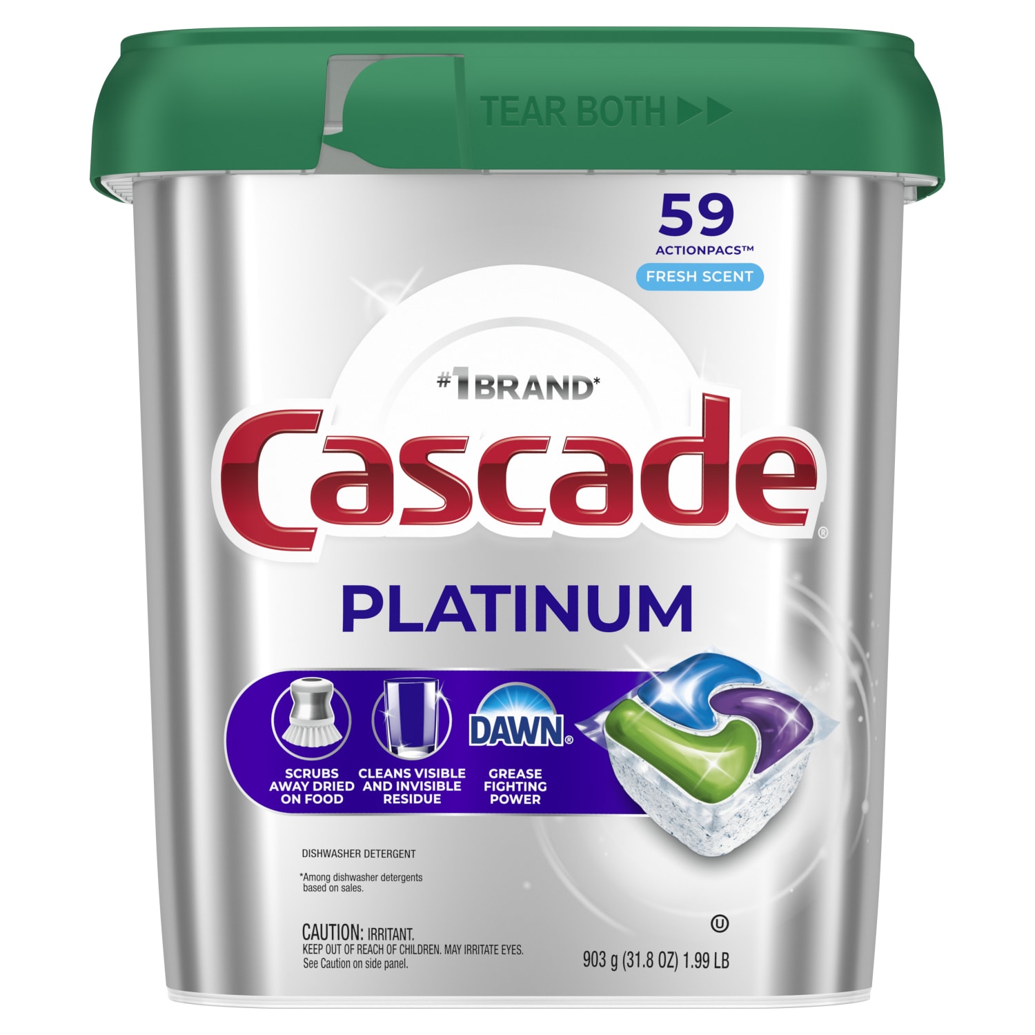 Cascade Platinum Dishwasher ActionPacs, Fresh, 1.99 Lb, Pack Of 59 Pacs