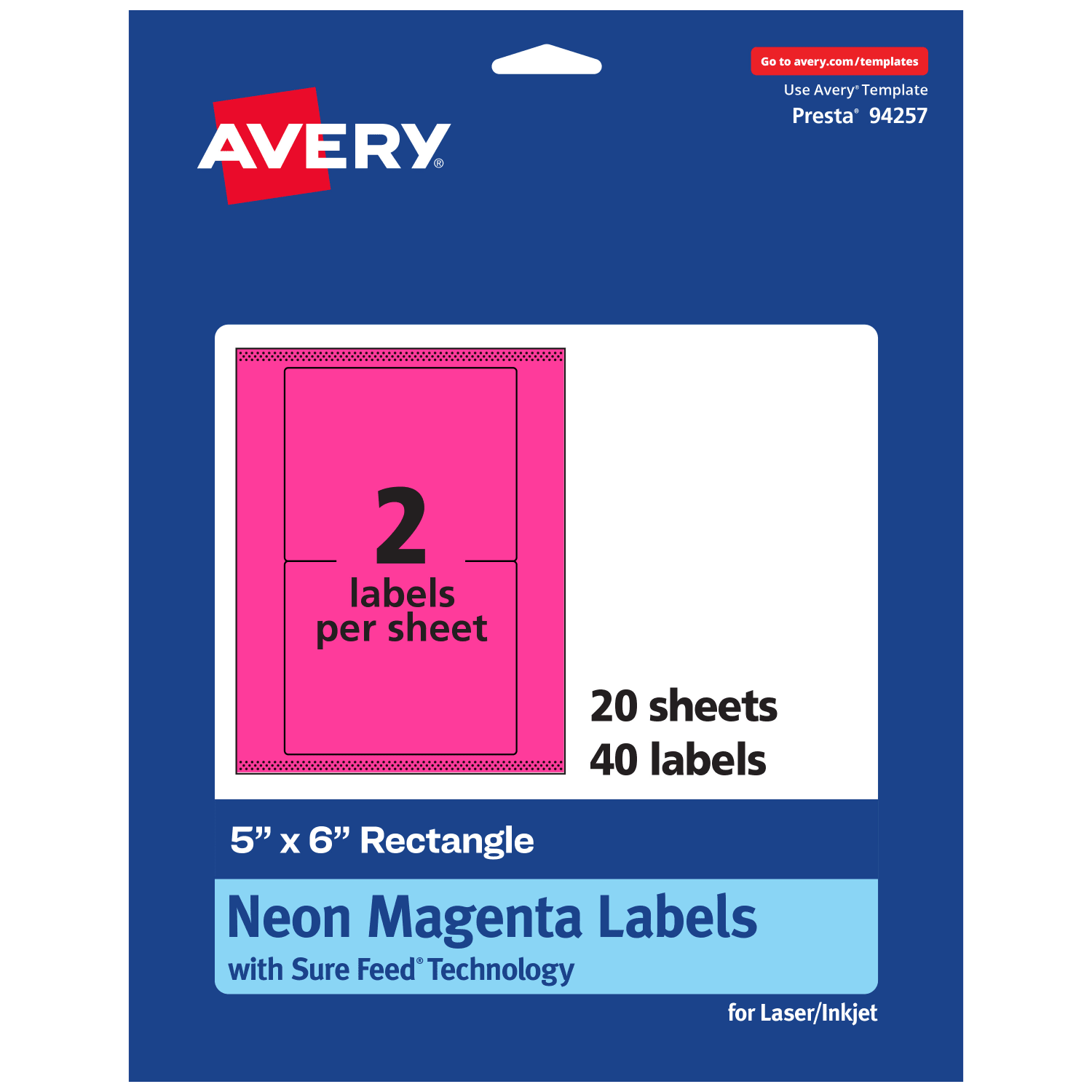 Avery Printable Labels With Sure Feed Technology, 94257-NMP20, Rectangle, 5in x 6in, Matte Neon Magenta, Pack of 40 - Image 3