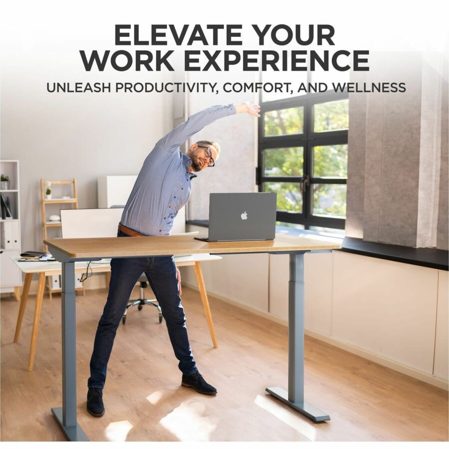 Rise Up Electric Standing Desk 60x30in Natural Bamboo Desktop Dual Motors Adjustable Height Gray Frame (26-51.6in) with memory - Image 4