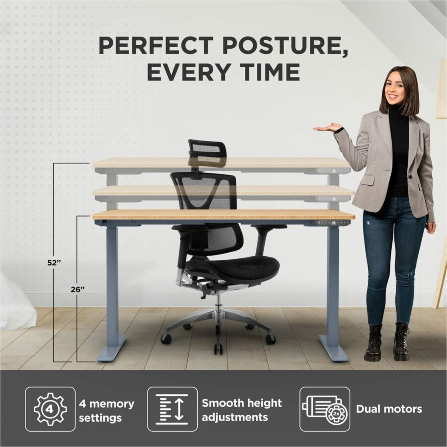 Rise Up Electric Standing Desk 60x30in Natural Bamboo Desktop Dual Motors Adjustable Height Gray Frame (26-51.6in) with memory - Image 5