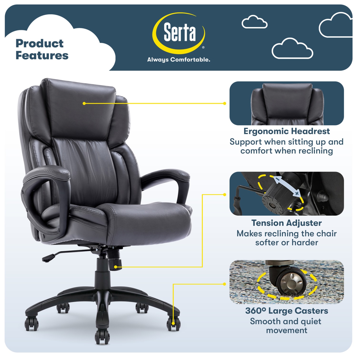 Serta Garret - Chair - executive - ergonomic - armrests - ring-shaped - tilt - swivel - bonded leather - space gray - Image 6