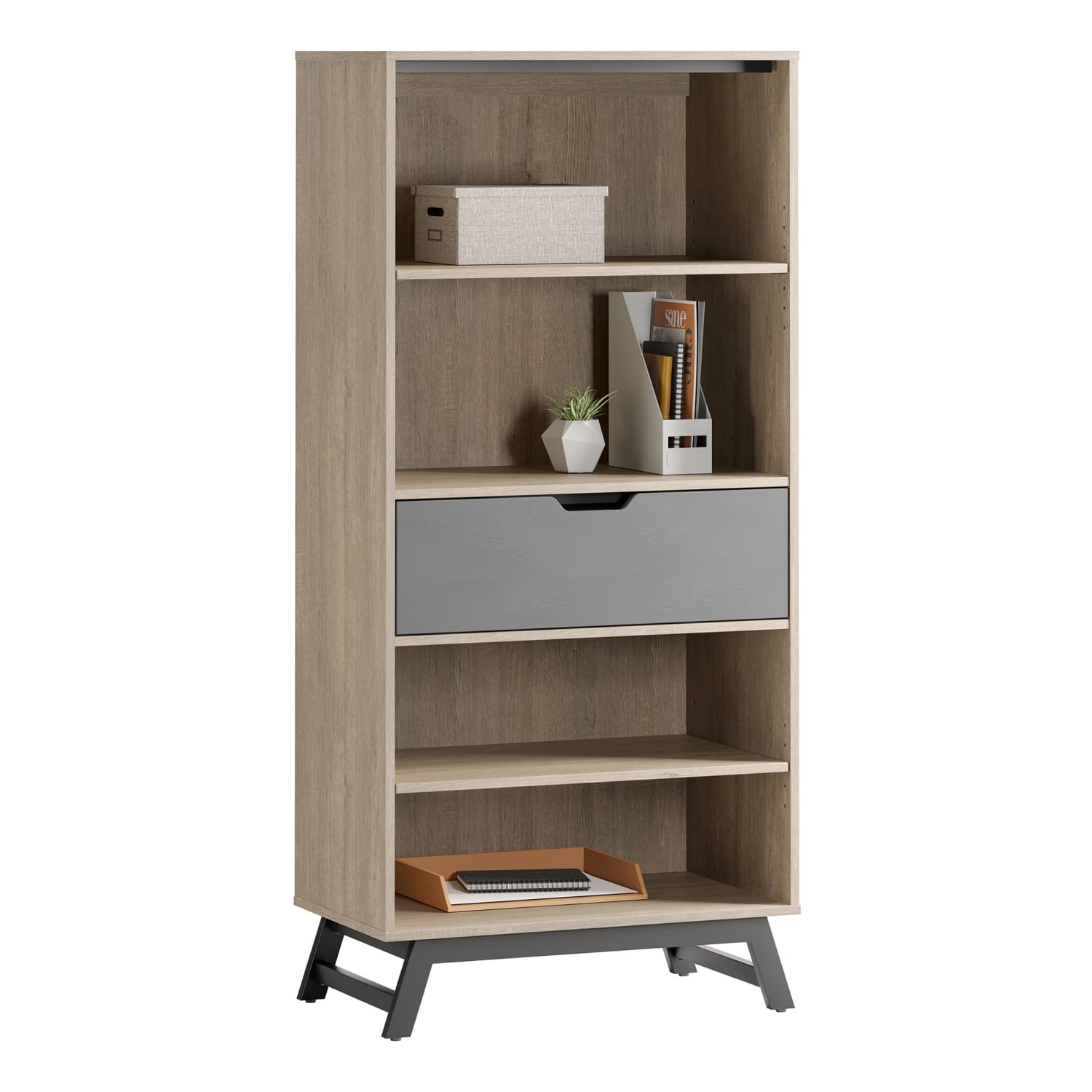 Realspace Nashira 61inH 4-Shelf Bookcase With Drawer, Light Oak/Gray - Image 3