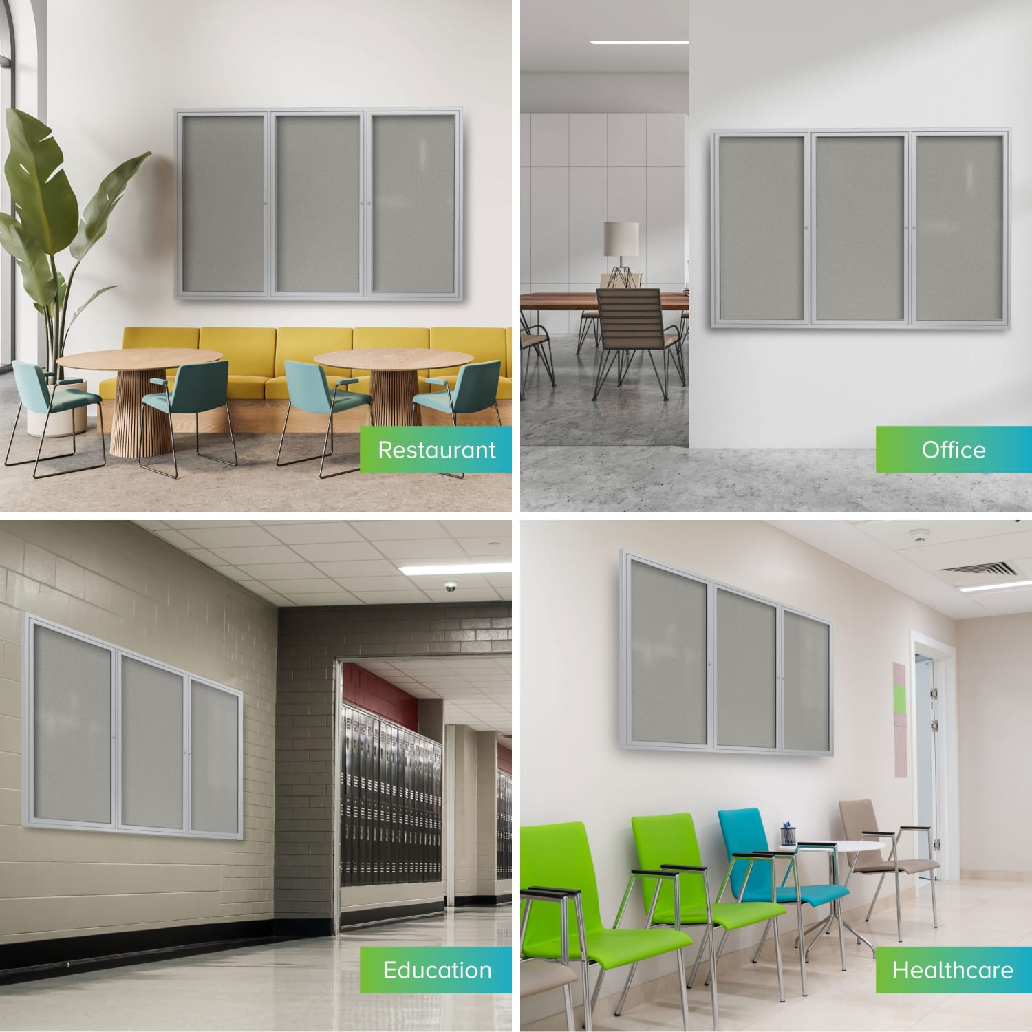 Ghent 3 Door Enclosed Vinyl Bulletin Board, Satin Aluminum Frame, 48inH x 72inW, Silver - Image 4
