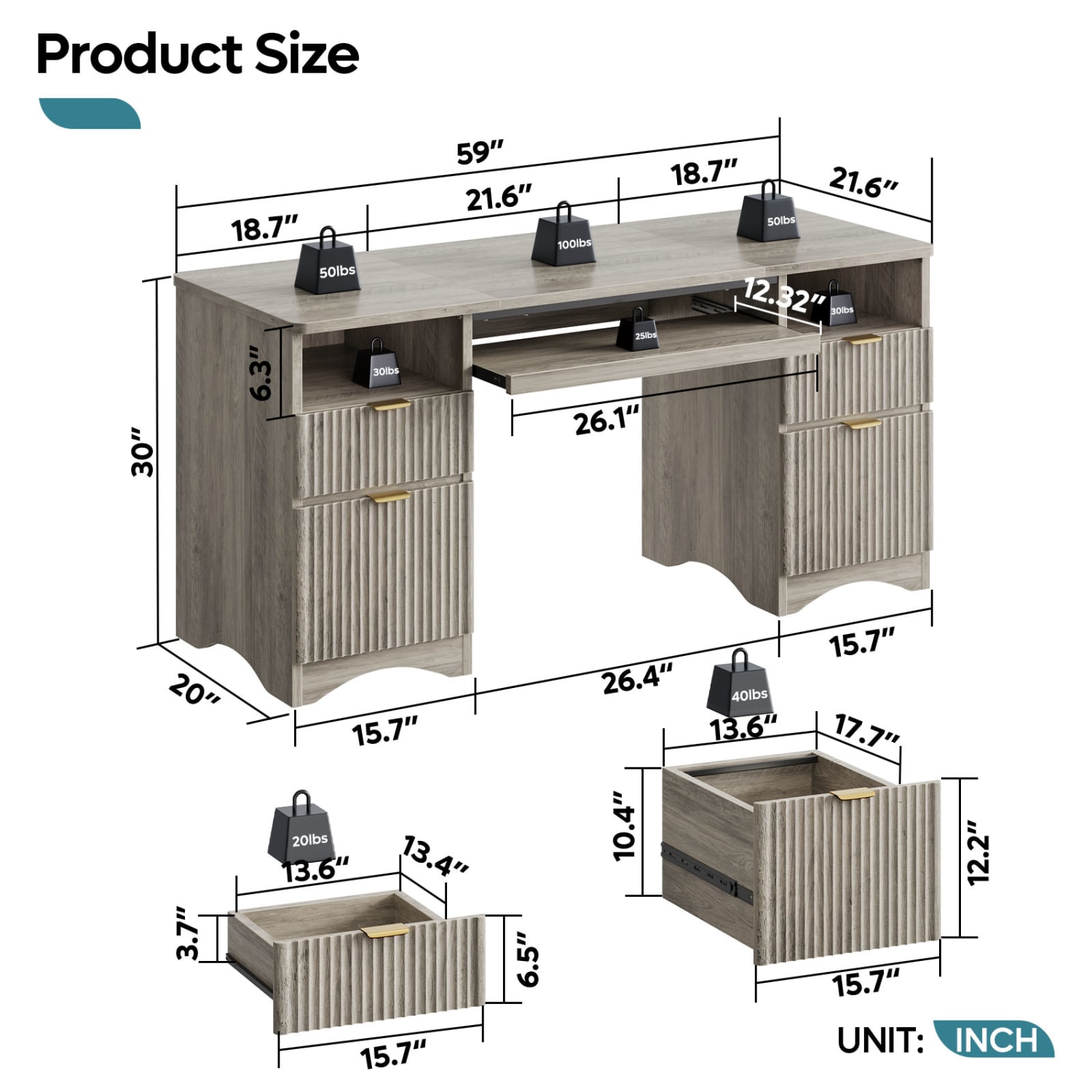Bestier 60inW Executive Computer Desk With Keyboard Tray And 4 Storage Drawers, Wash Gray - Image 3