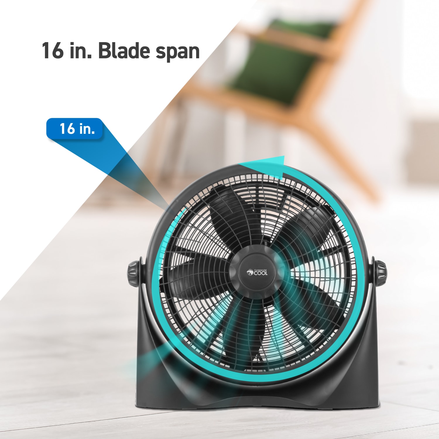 Commercial Cool 16in High-Velocity Floor Fan, 19-3/16inH x 20-9/16inW x 6-7/16inD, Black - Image 6