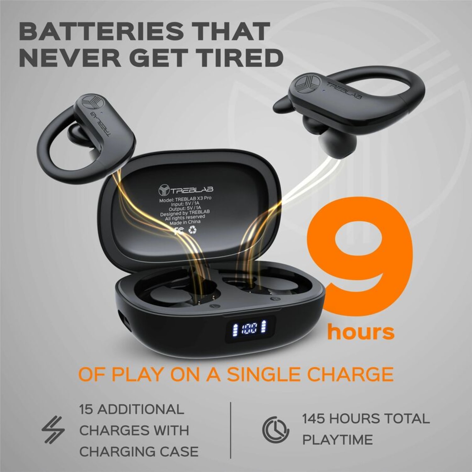 TREBLAB X3 Pro - True Wireless Earbuds with Earhooks - 145H Battery Life, Bluetooth 5.0, IPX5 Waterproof Earbuds - X3PROB - Image 6