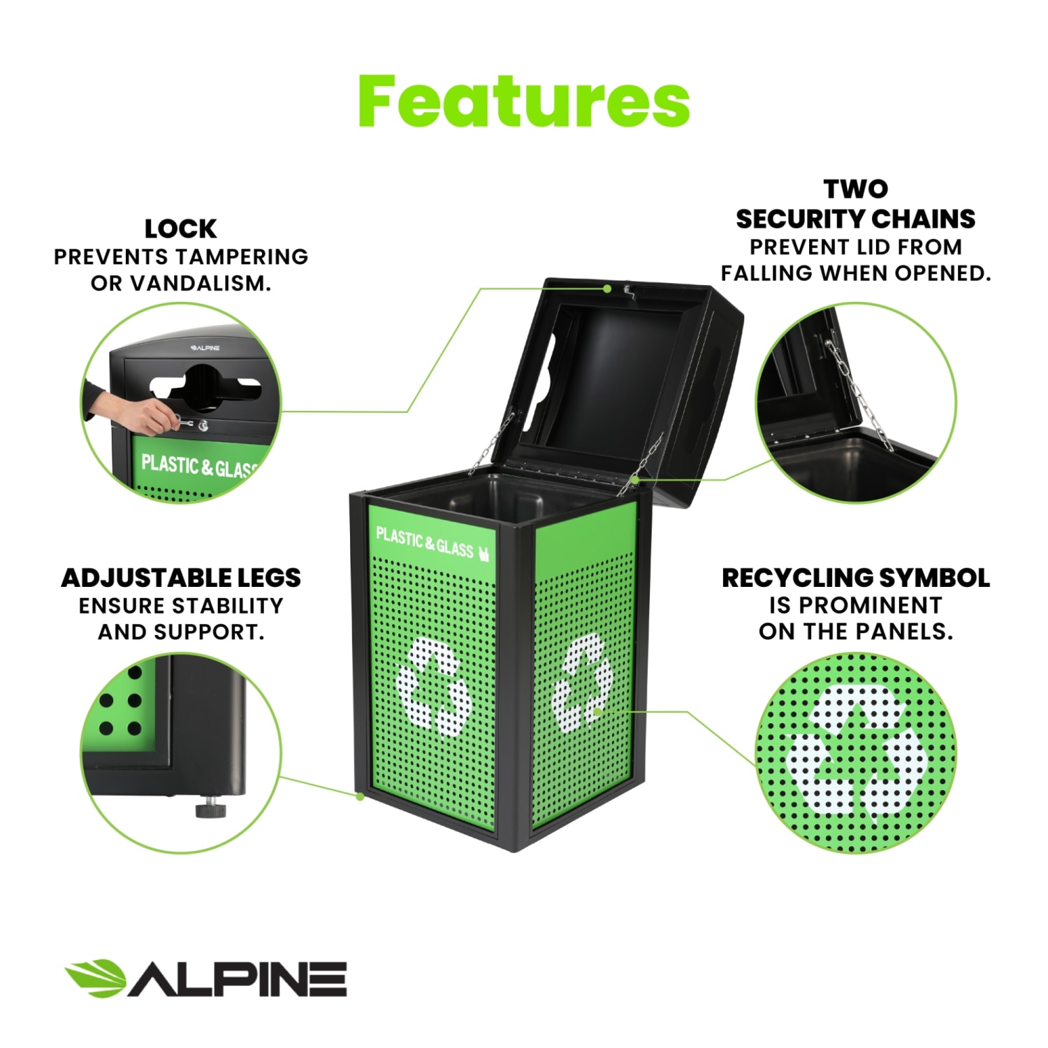 Alpine Industries Steel, Indoor/Outdoor Trash Can, 40 Gallons, Green, 2/Pack (471-40-GYGC-MK) - Image 6