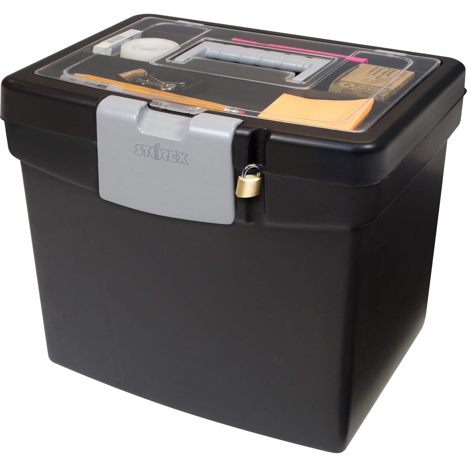Storex Portable Storage Box - External Dimensions: 14.9inx11inx 12.1in - Media Size Supported: Letter - Snap-tight Closure - Plastic - Black - - Image 3