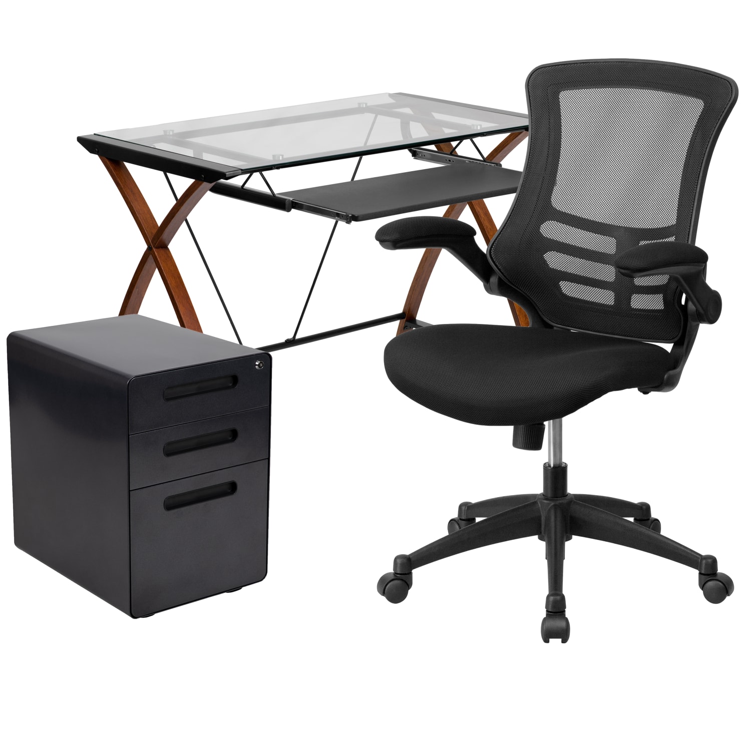 Flash Furniture Work From Home Desk And Chair Set With Glass Desk, Ergonomic Mesh Office Chair And Filing Cabinet, Black, BLNNAN28APX5BK - Image 3