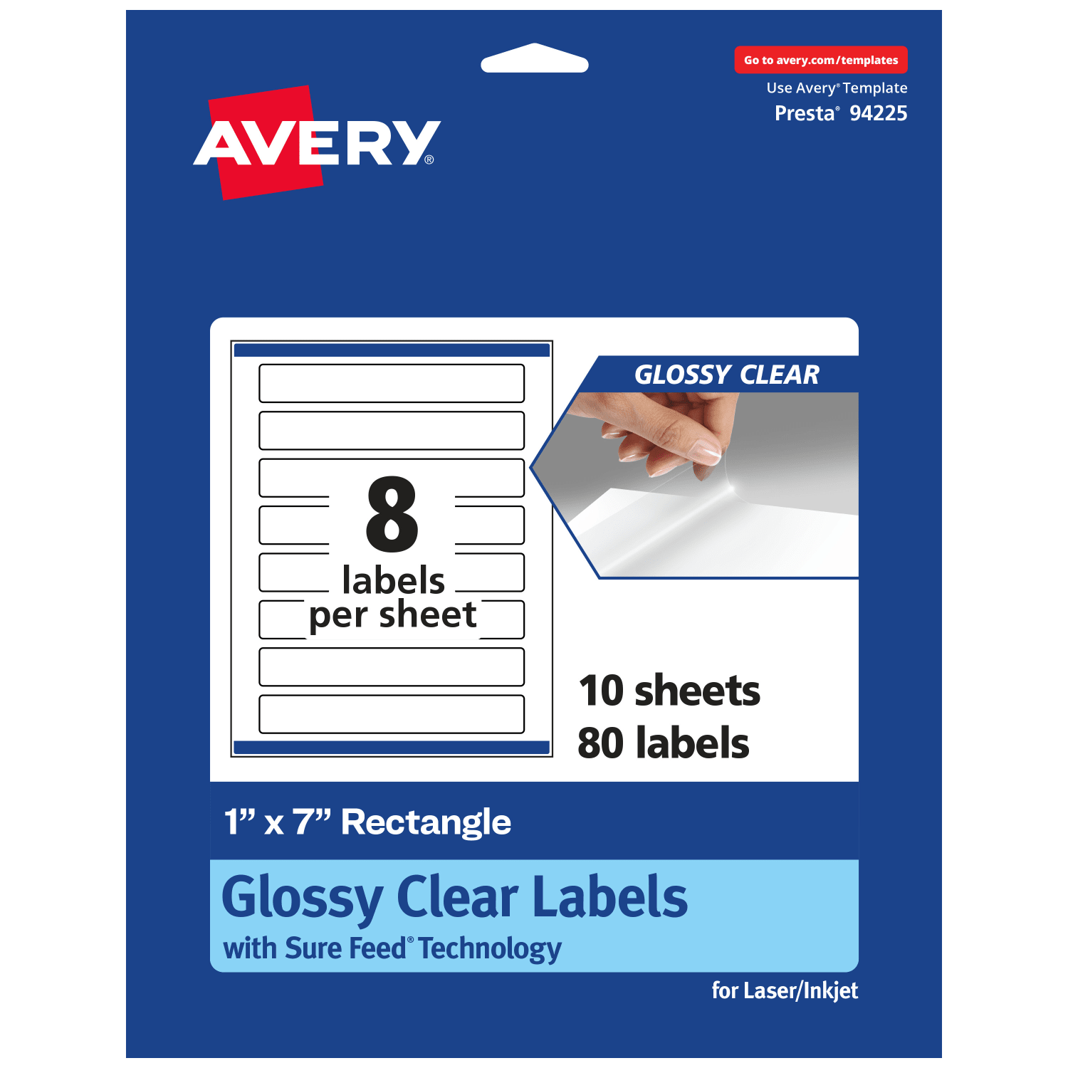 Avery Glossy Permanent Labels With Sure Feed, 94225-CGF10, Rectangle, 1in x 7in, Clear, Pack Of 80