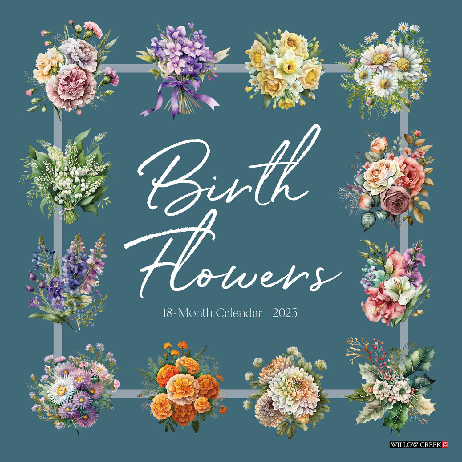 2025 Willow Creek Press Monthly Wall Calendar, 12in x 12in, Birth Flowers, January To December 2025