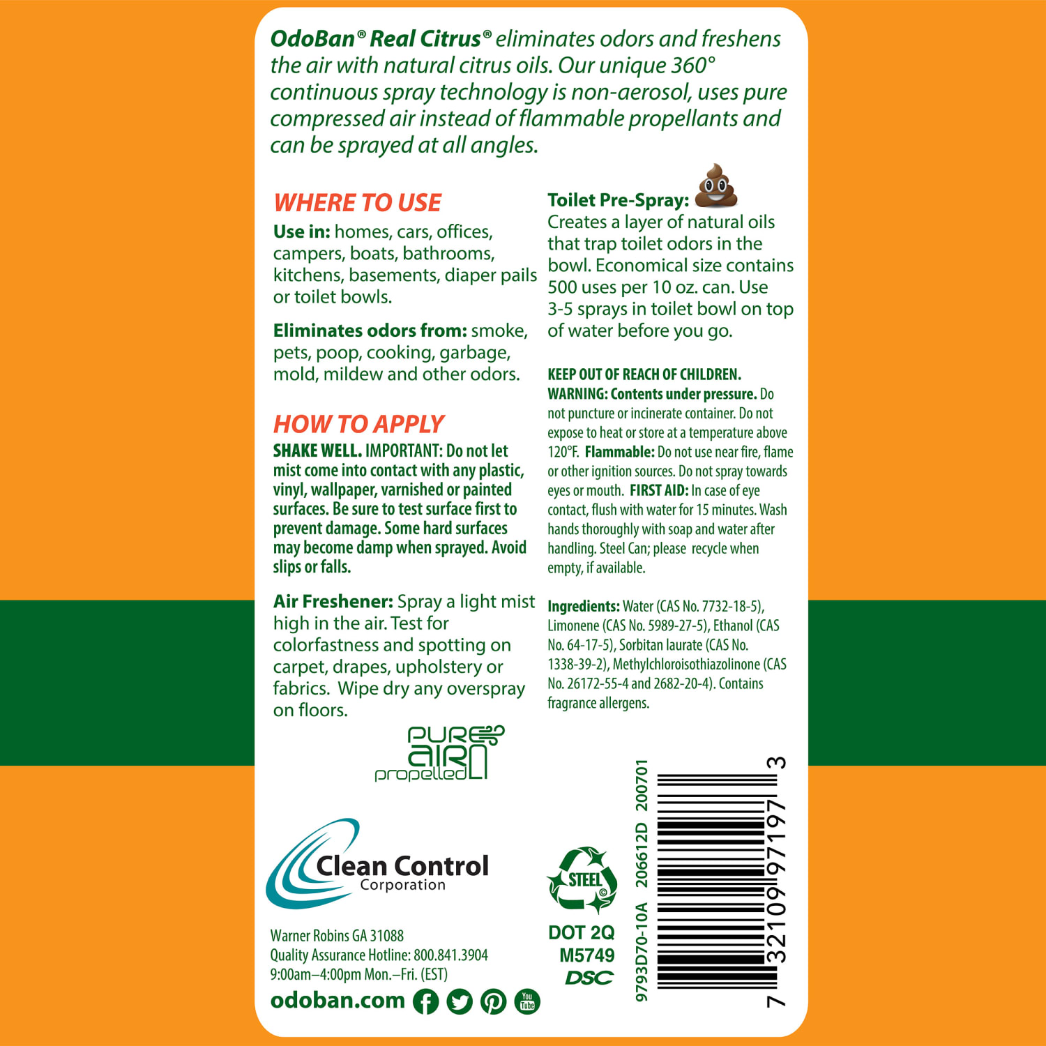 OdoBan Real Citrus Air Freshener 360 deg. Spray, Orange, 10 Oz, Pack Of 6 Bottles - Image 3