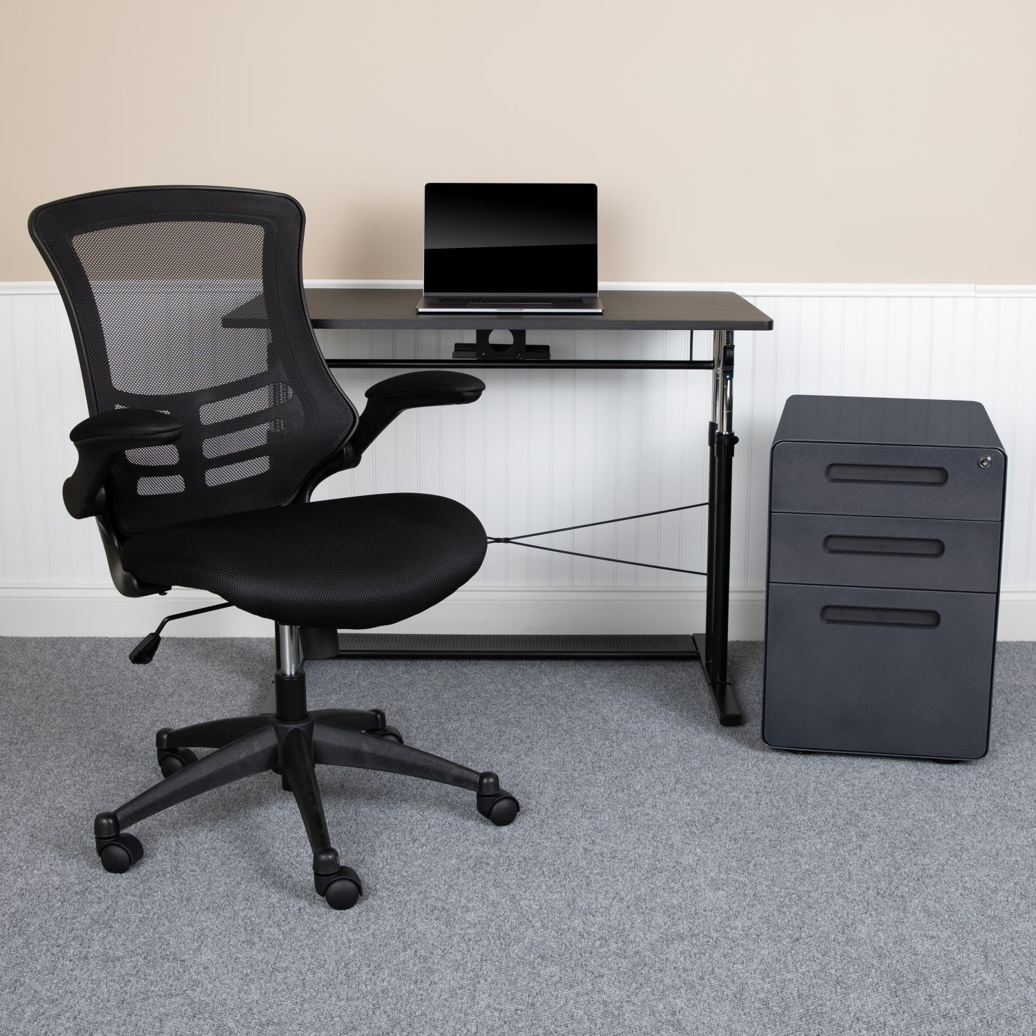 Flash Furniture Work From Home Desk/Chair Set With Adjustable Computer Desk, Ergonomic Mesh Chair/Mobile Filing Cabinet, Black, BLNNAN21APX5LBK