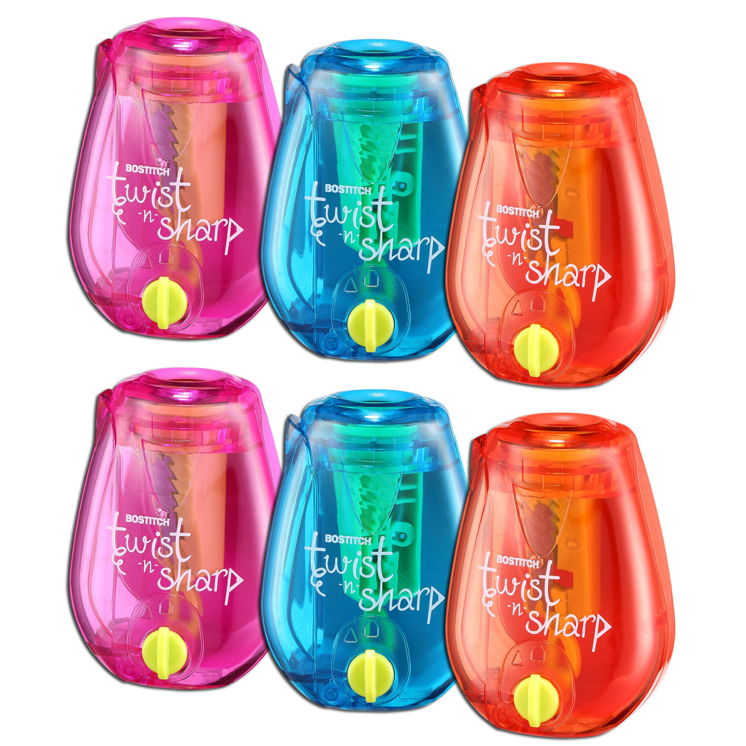 Bostitch Twist-N-Sharp Kids' 1-Hole Pencil Sharpeners, Assorted Colors, Pack Of 6 Sharpeners