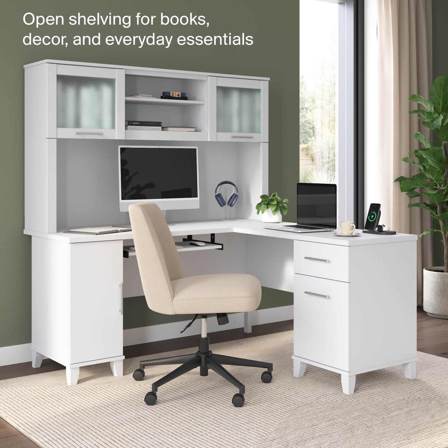 Bush Furniture Hutch For L-Shaped Desk, 60inW, White, Standard Delivery - Image 4