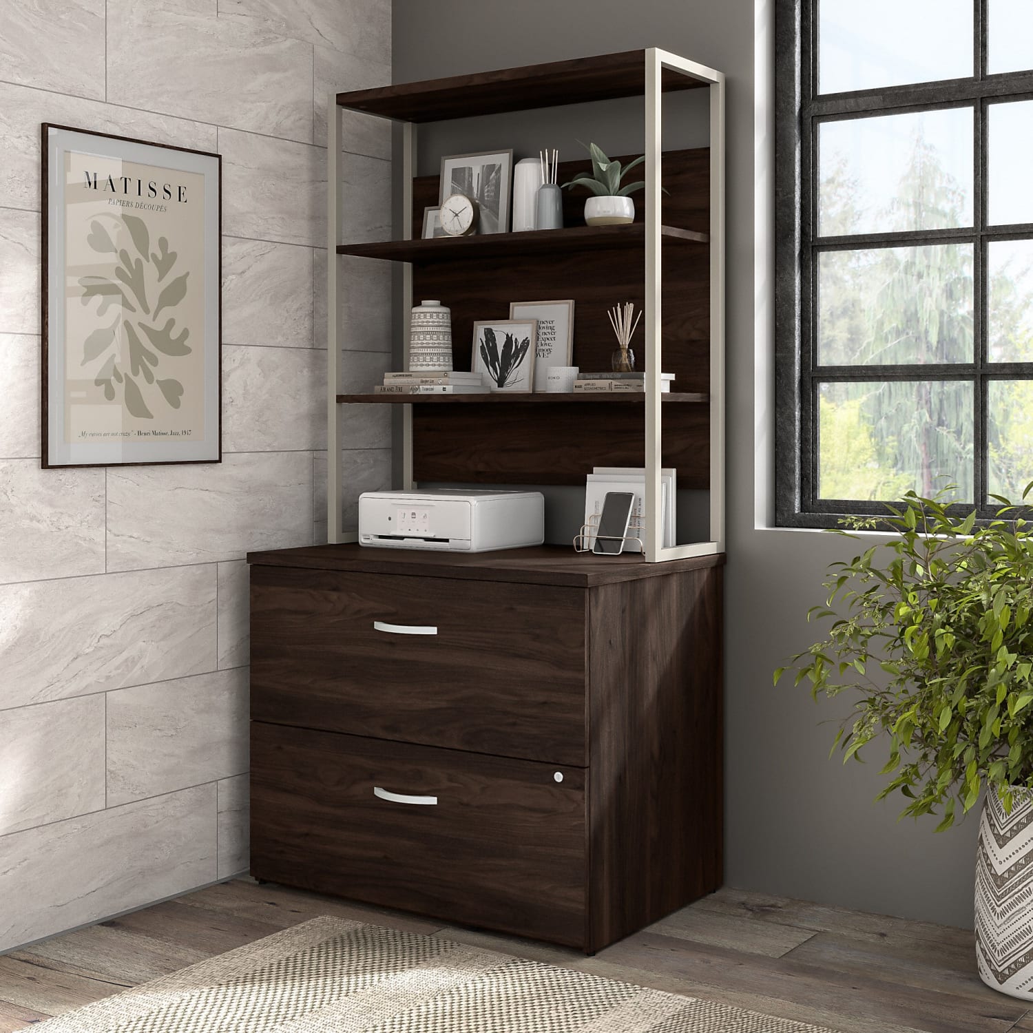Bush Business Furniture Hybrid 35-11/16inW x 23-3/8inD Lateral 2-Drawer File Cabinet With Shelves, Black Walnut, Standard Delivery - Image 3